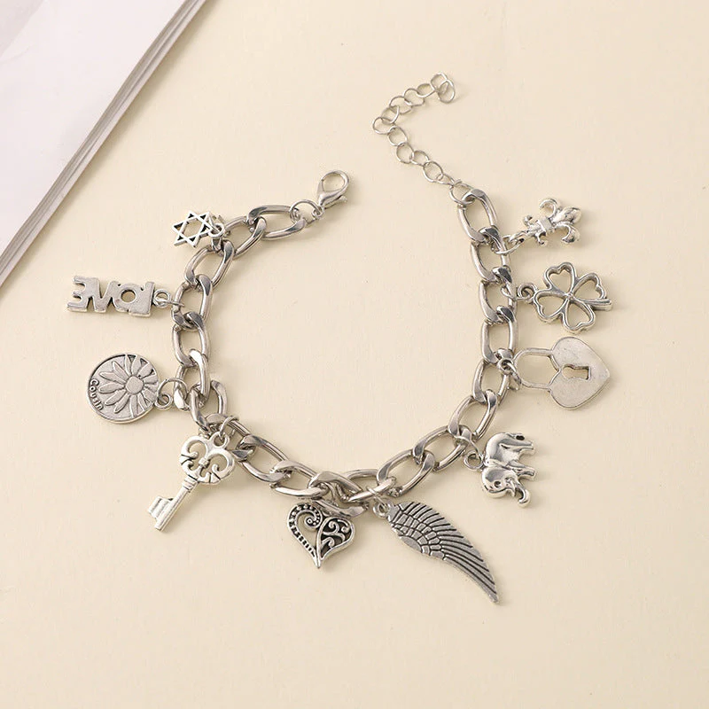 Vintage Engraved Heart Lock Key Wings Charm Ancient Silver Bracelet - Image 6