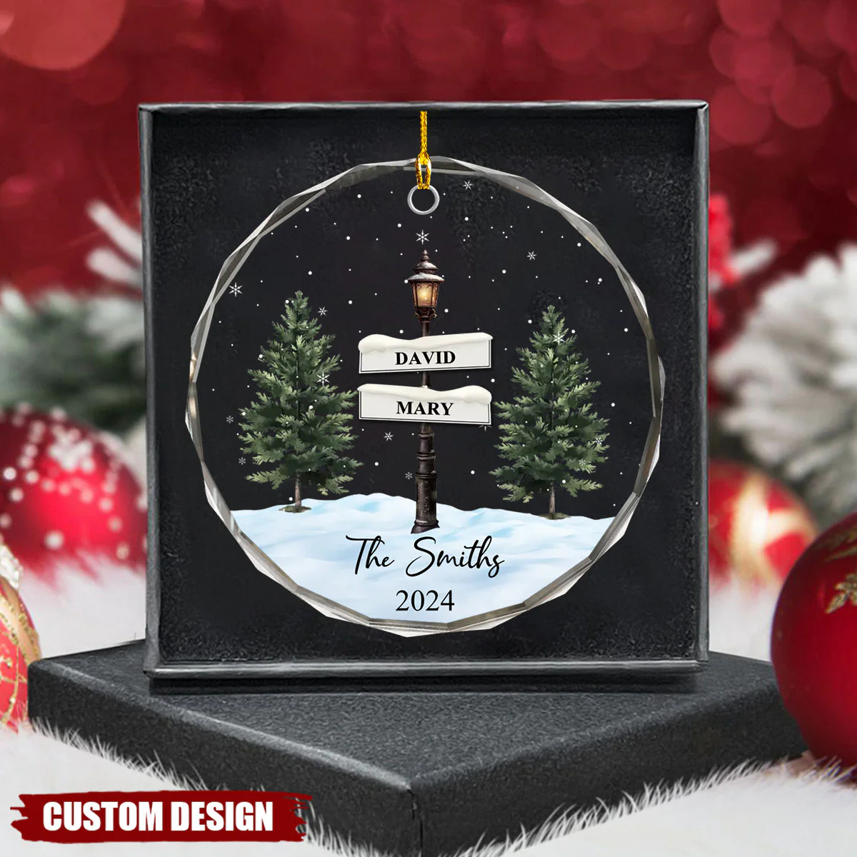 Vintage Family Lamp Post Signs - Personalized Christmas Glass Ornament - Image 2