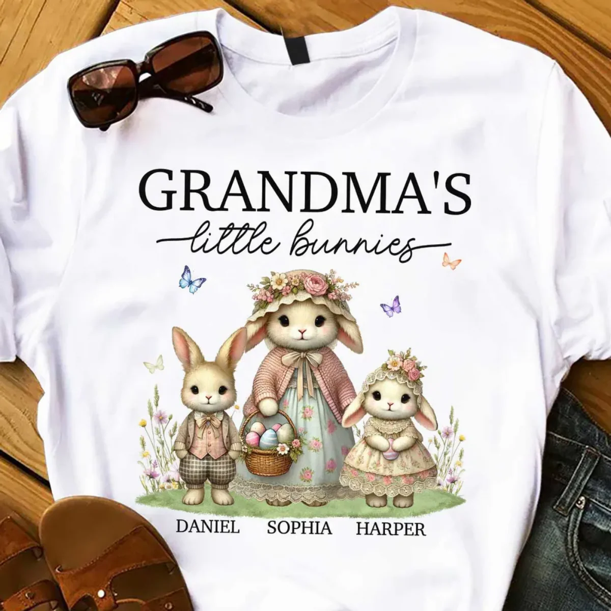 Vintage Grandma Bunny Easter Personalized  Pure Cotton T-Shirt - Image 4