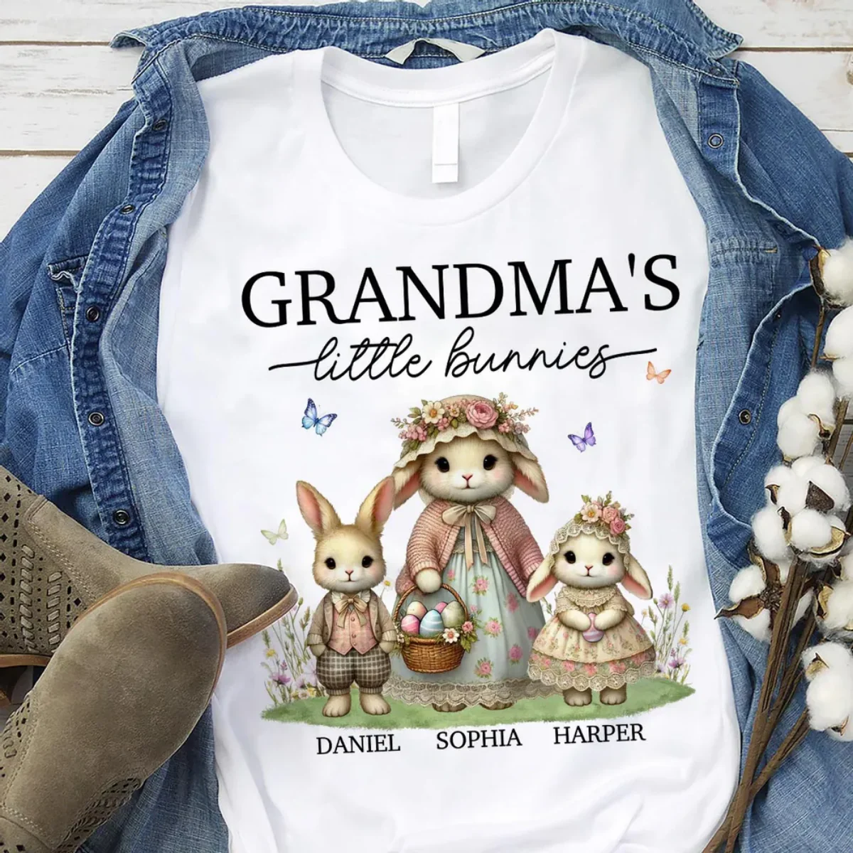 Vintage Grandma Bunny Easter Personalized  Pure Cotton T-Shirt - Image 9