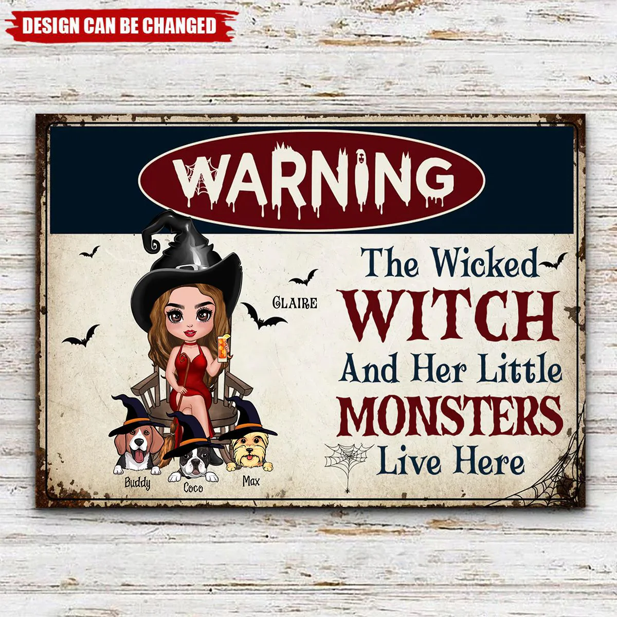 Warning Doll Wicked Witch And Little Monsters Cute Dogs Live Here Personalized Metal Sign - Image 3