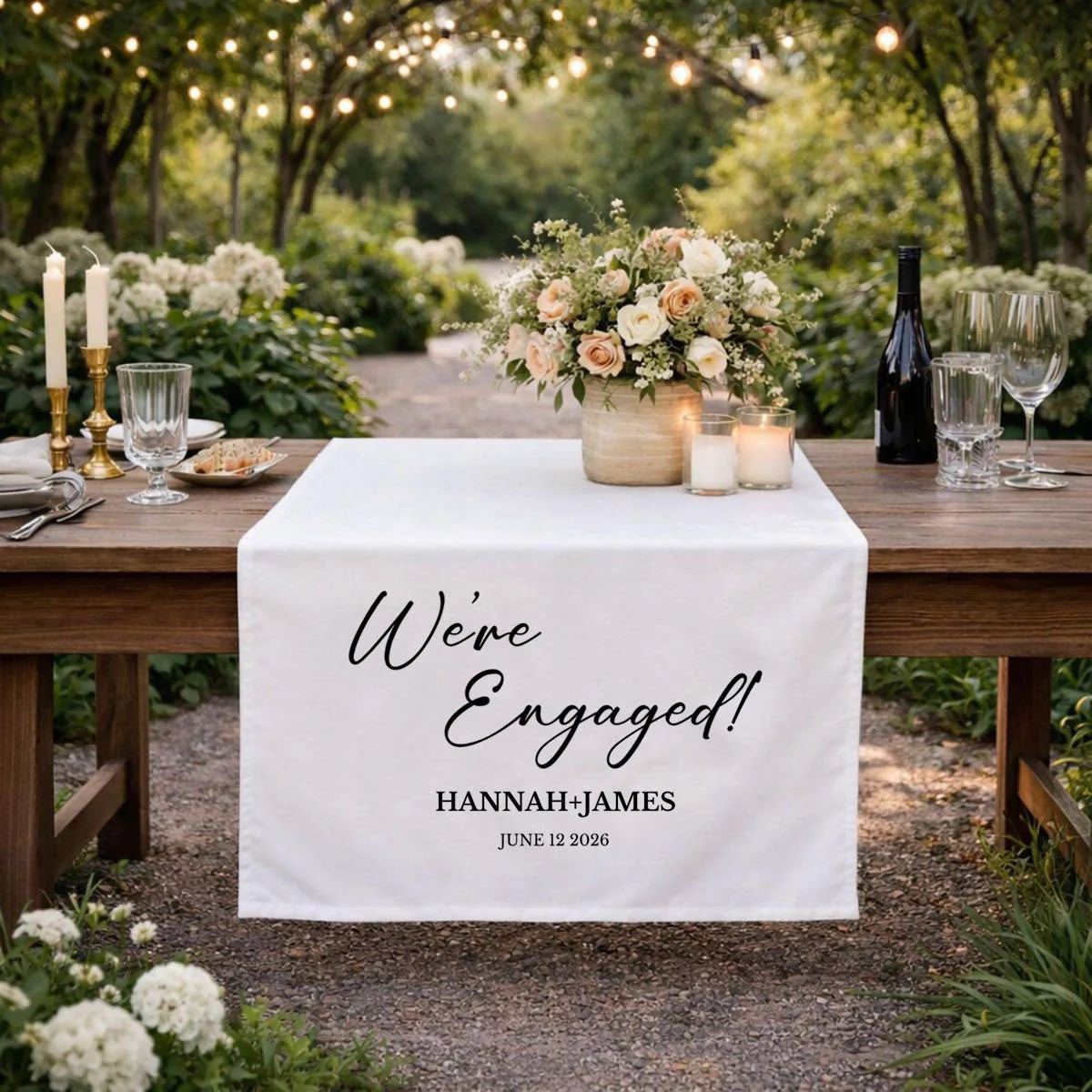 We’re Engaged - Personalized Wedding Table Runner, Rustic Cake Table Decoration Sign Gift - Image 3