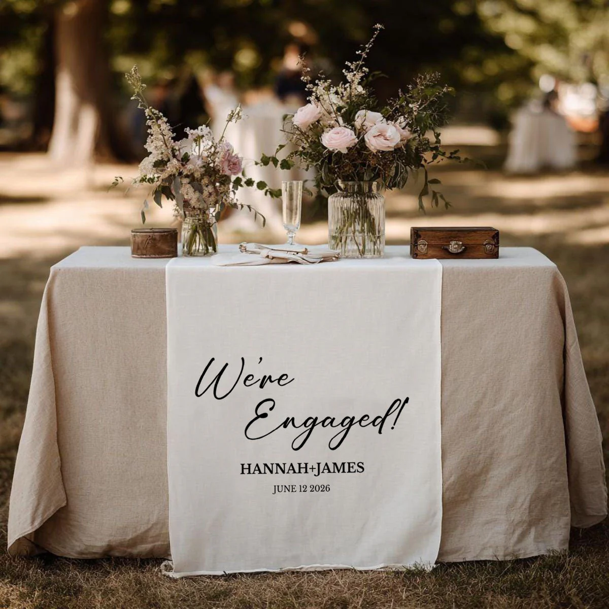 We’re Engaged - Personalized Wedding Table Runner, Rustic Cake Table Decoration Sign Gift - Image 4
