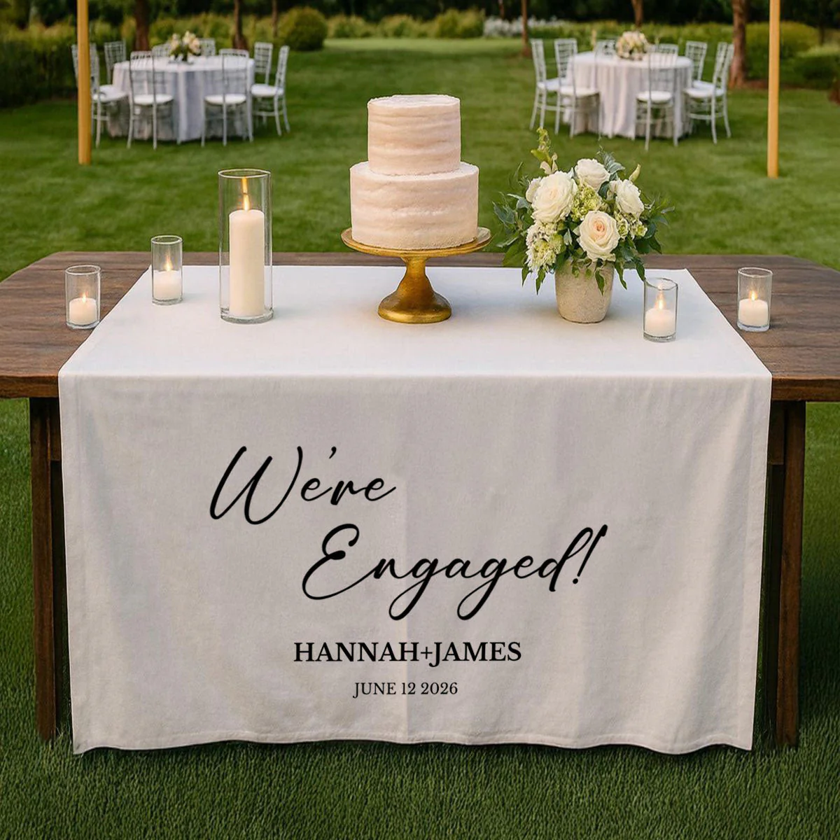 We’re Engaged - Personalized Wedding Table Runner, Rustic Cake Table Decoration Sign Gift - Image 5