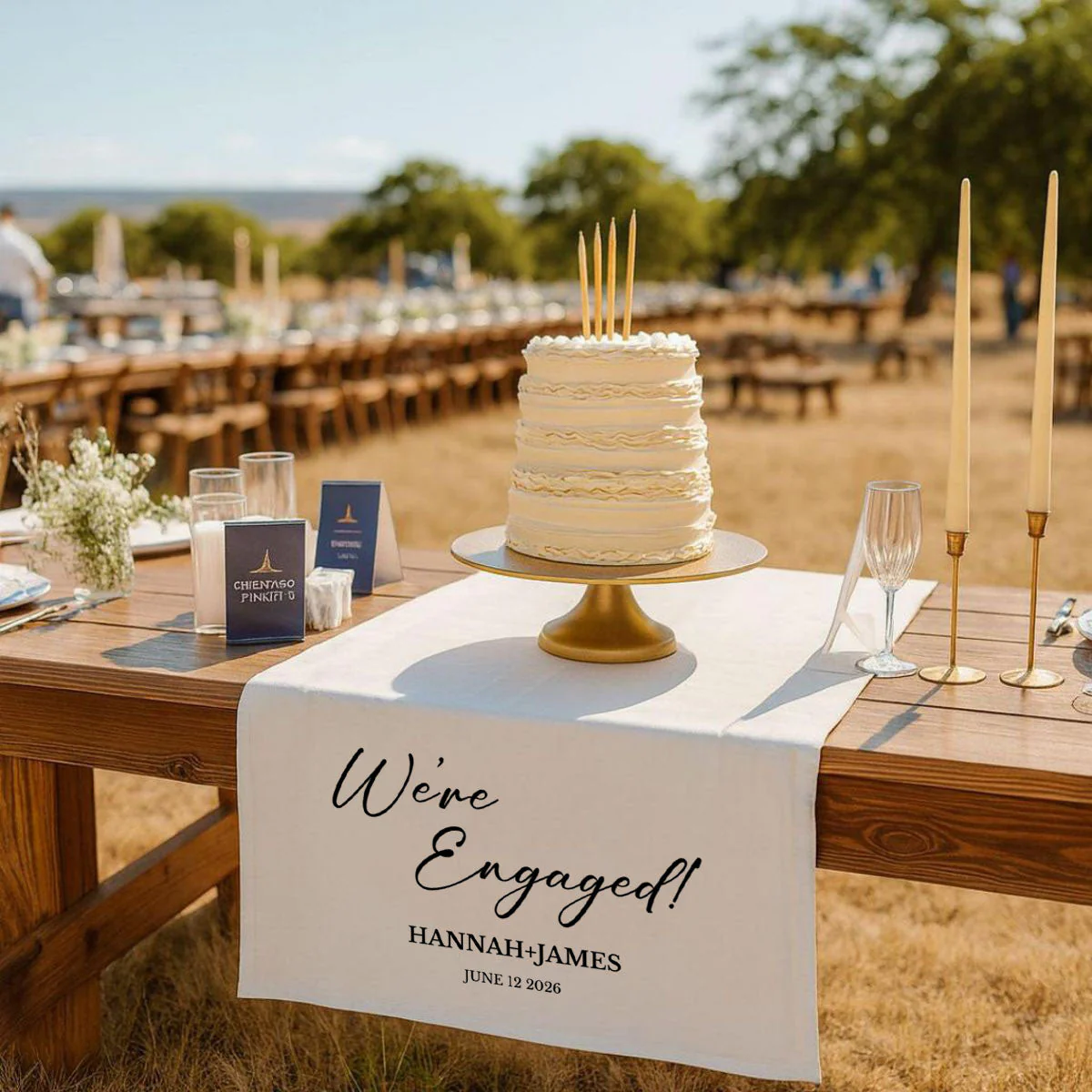 We’re Engaged - Personalized Wedding Table Runner, Rustic Cake Table Decoration Sign Gift - Image 6