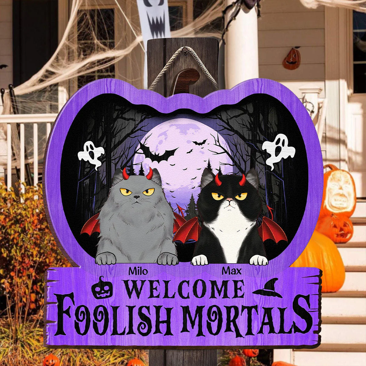 Welcome Foolish Mortals - Personalized Halloween Cat Wood Sign - Image 2