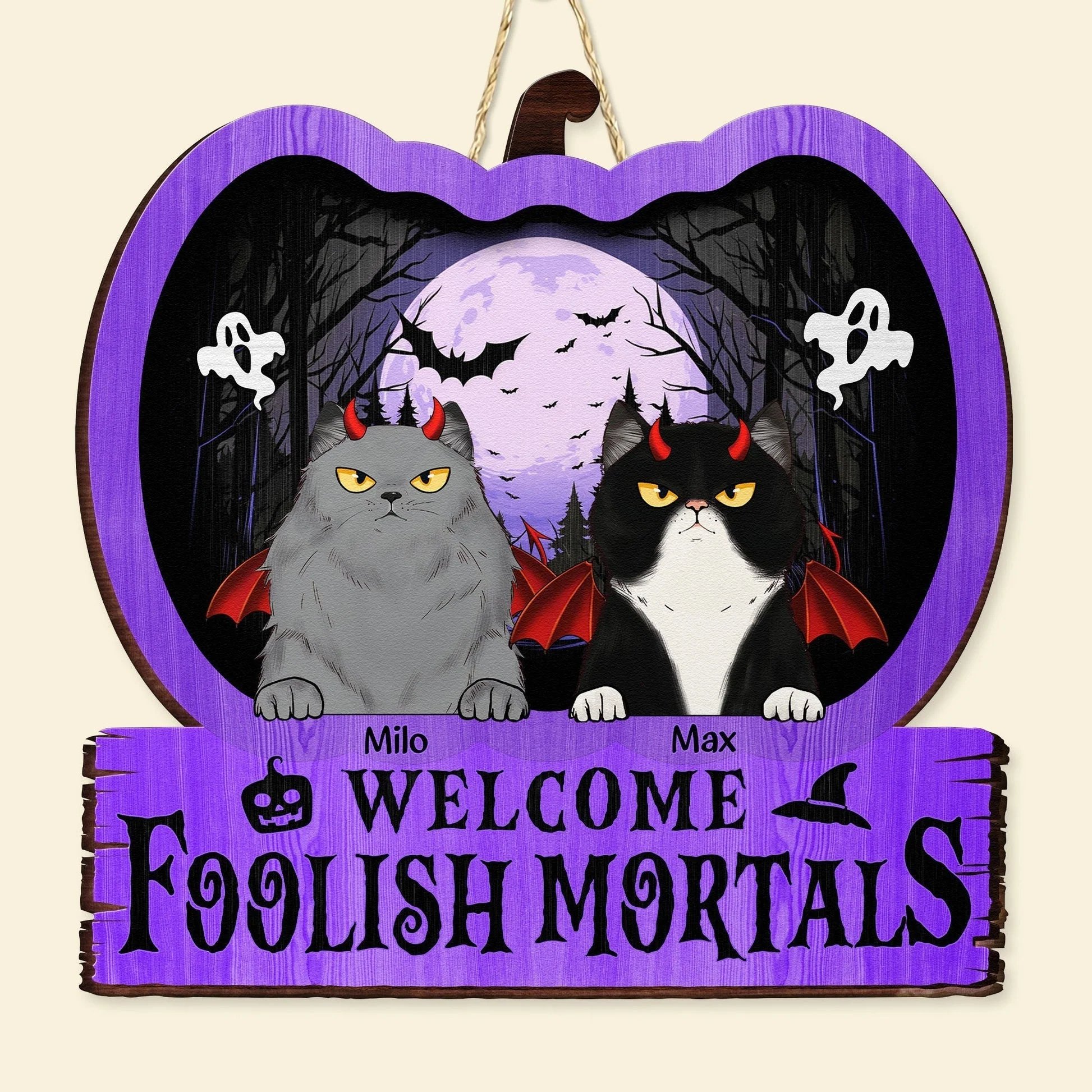Welcome Foolish Mortals - Personalized Halloween Cat Wood Sign - Image 3