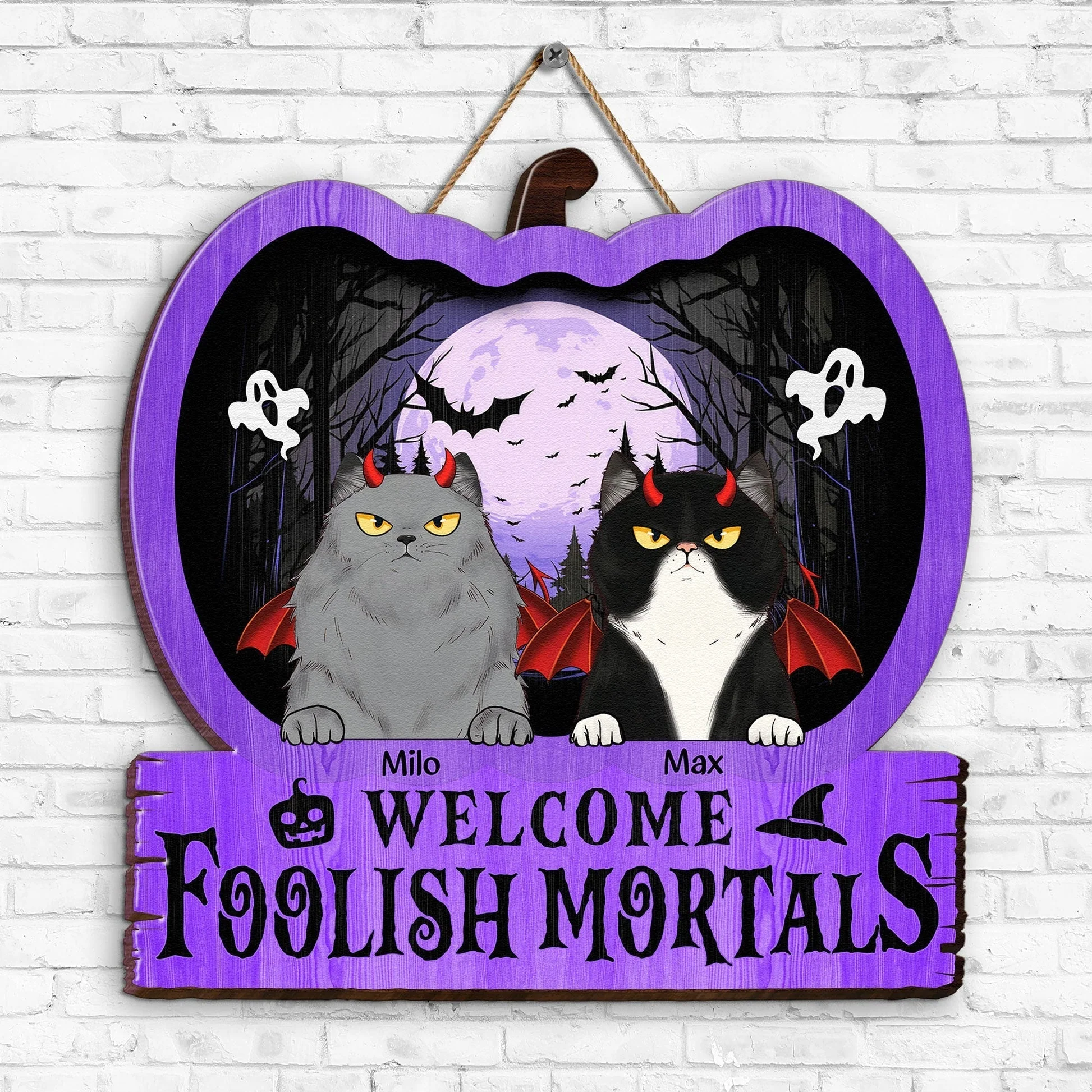 Welcome Foolish Mortals - Personalized Halloween Cat Wood Sign - Image 4
