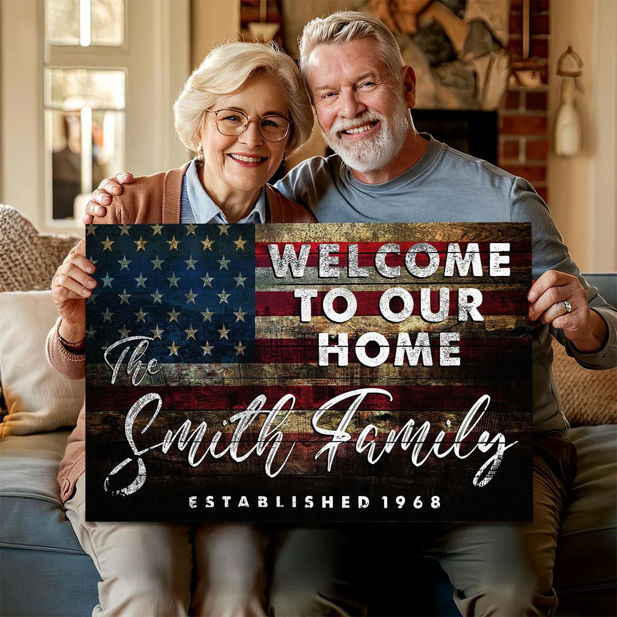Welcome To Our Home Sign USA Flag Wall Art – Personalized Family Name 250 Anniversary USA Canvas Print - Image 2