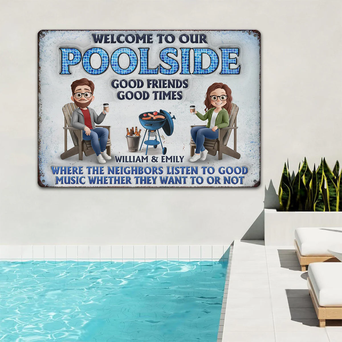 Welcome To Our Poolside, Where The Fun Never Stops - Couple Personalized Custom Home Decor Metal Sign - Image 4