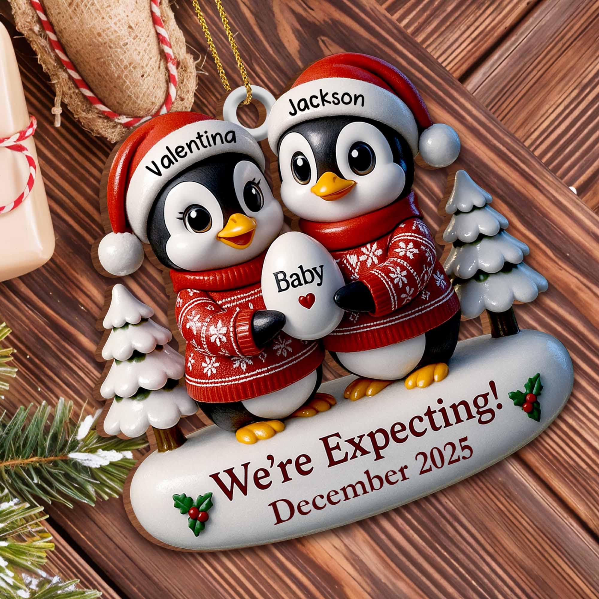 We're Expecting December With Penguins And Christmas Trees, Personalized Custom Wood Ornament - Image 2