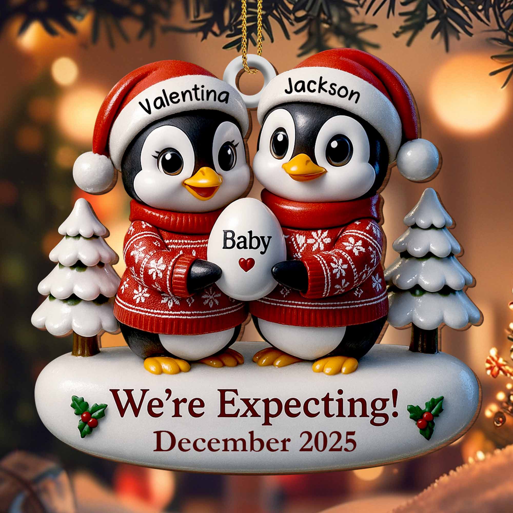 We're Expecting December With Penguins And Christmas Trees, Personalized Custom Wood Ornament - Image 3