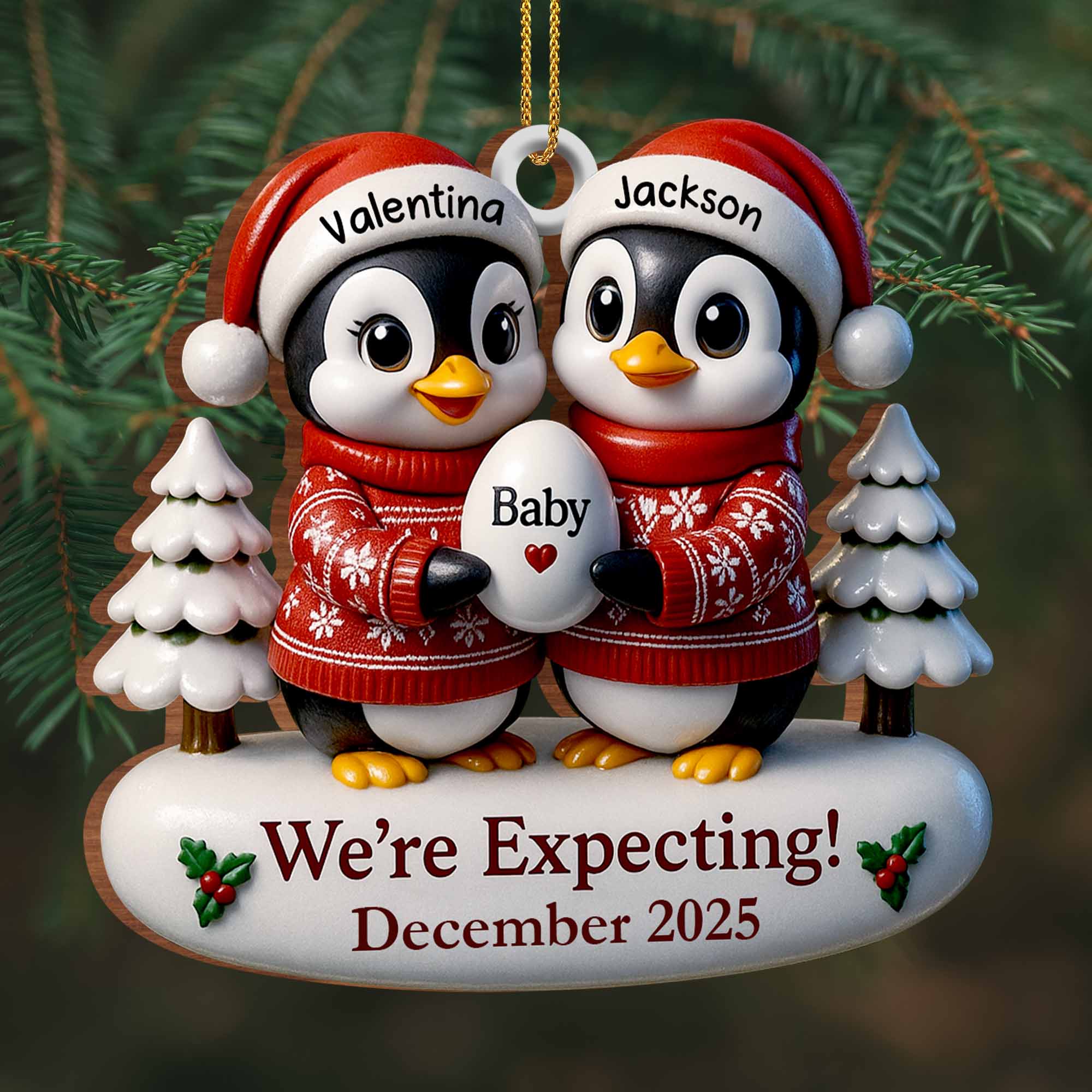 We're Expecting December With Penguins And Christmas Trees, Personalized Custom Wood Ornament - Image 4