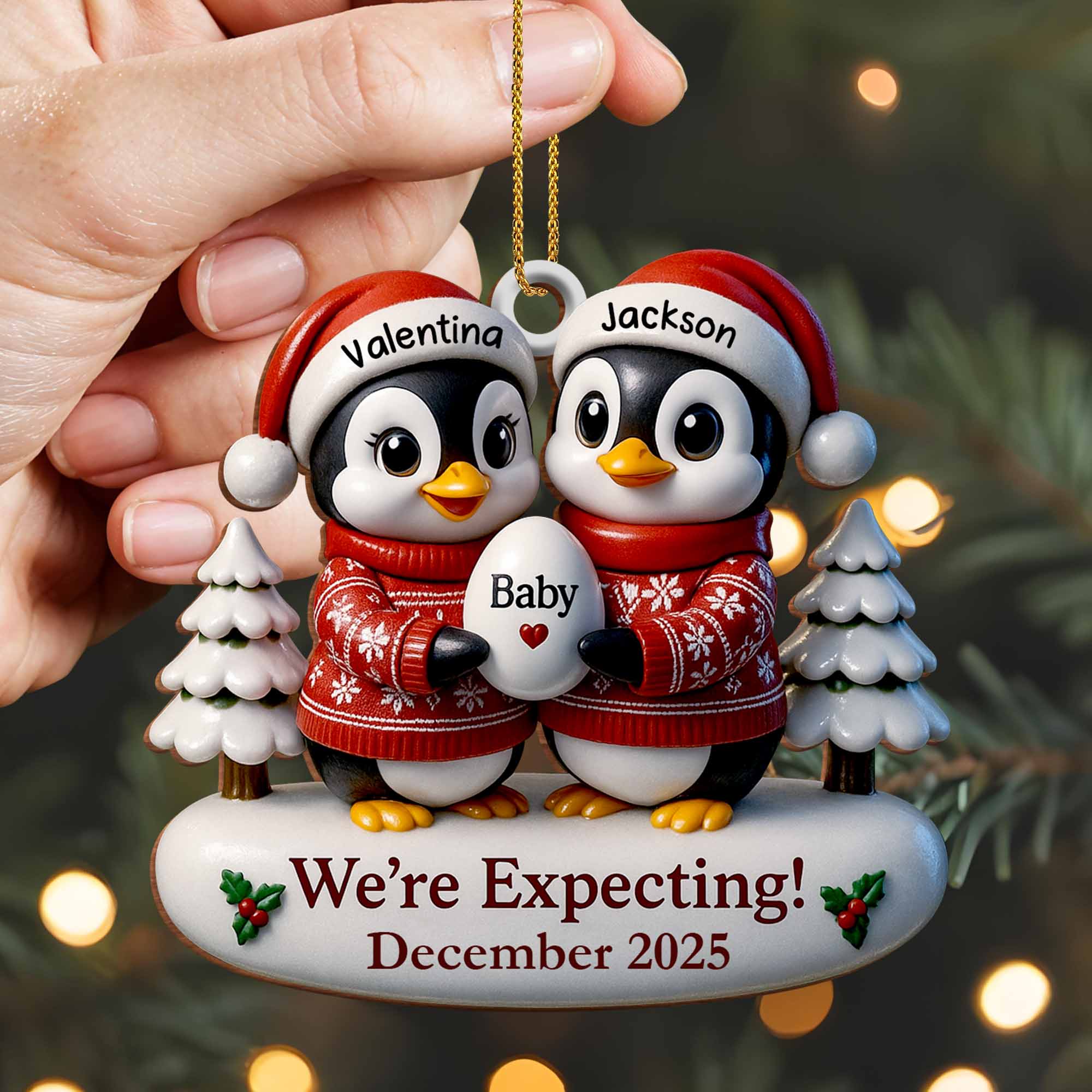 We're Expecting December With Penguins And Christmas Trees, Personalized Custom Wood Ornament - Image 5