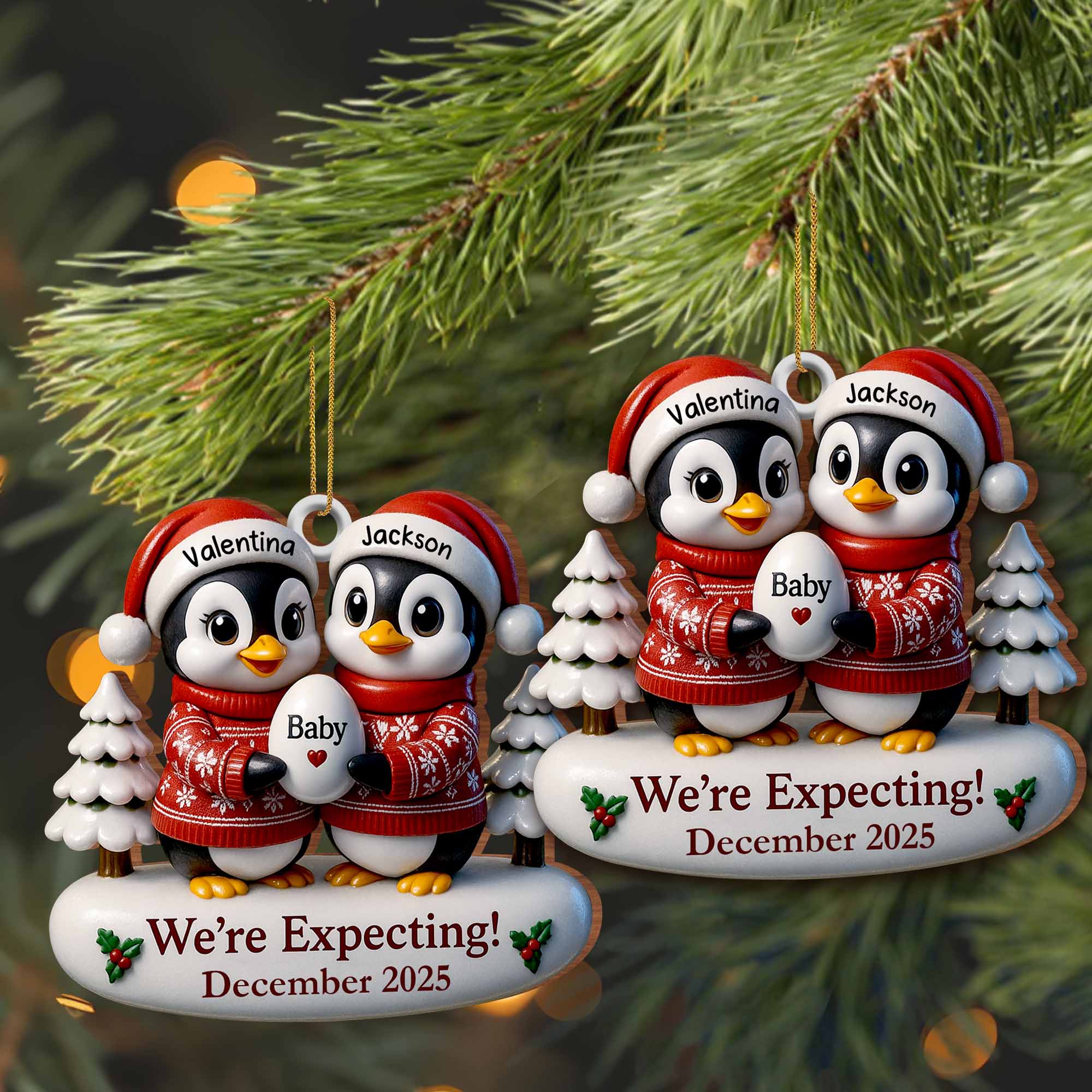 We're Expecting December With Penguins And Christmas Trees, Personalized Custom Wood Ornament - Image 6