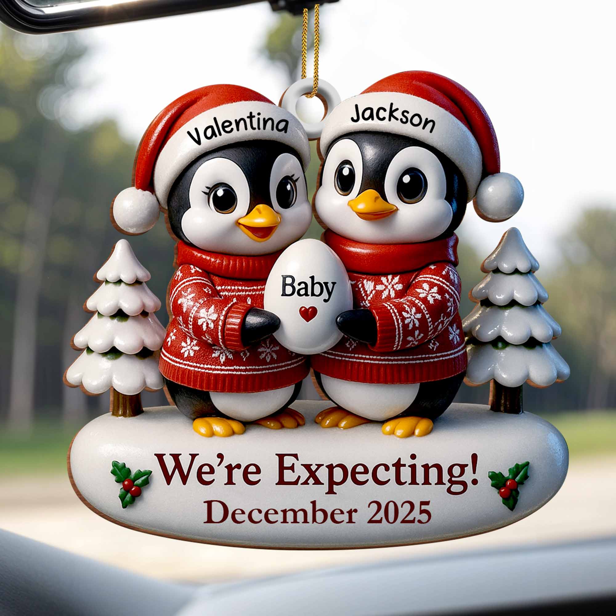 We're Expecting December With Penguins And Christmas Trees, Personalized Custom Wood Ornament - Image 7