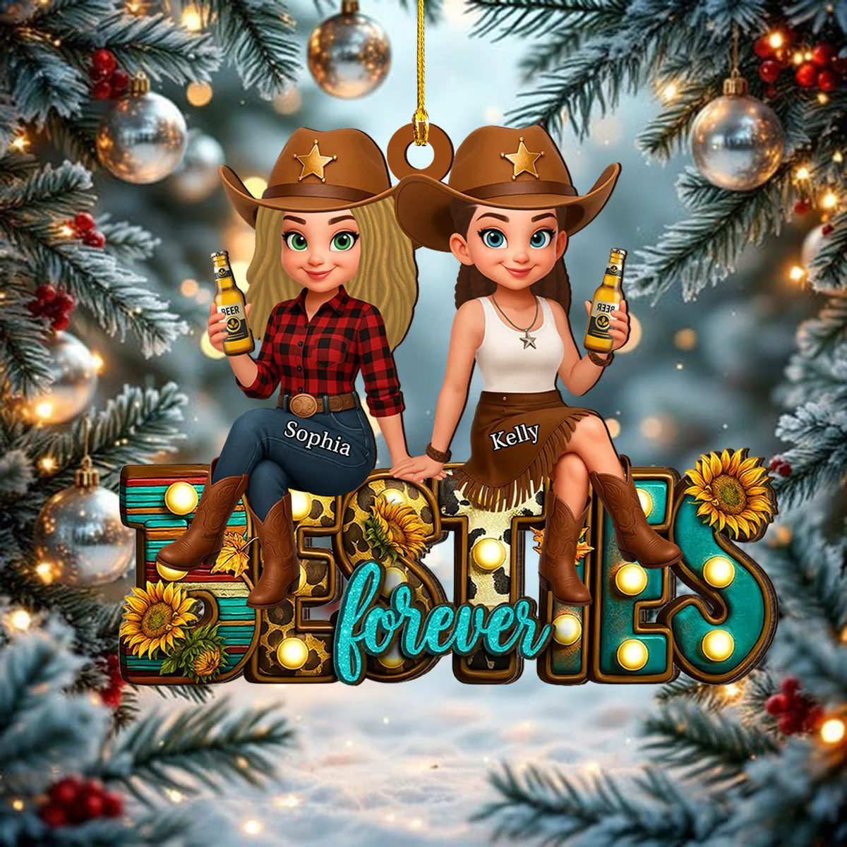 Western Fall Vibe Besties Personalized Wooden Ornament, Fall Gift for Best Friends - Image 5