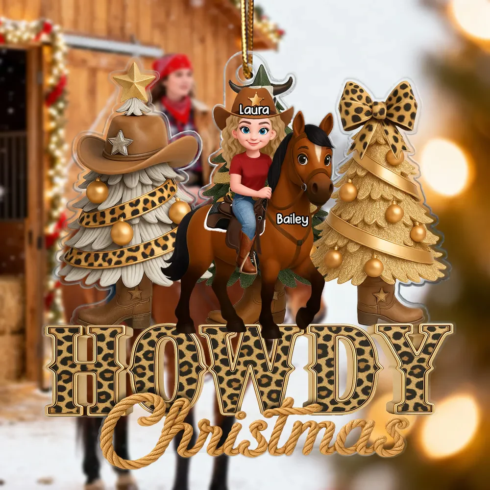 Western Vibe Howdy Christmas Girl & Horse - Personalized Acrylic Ornament - Image 2