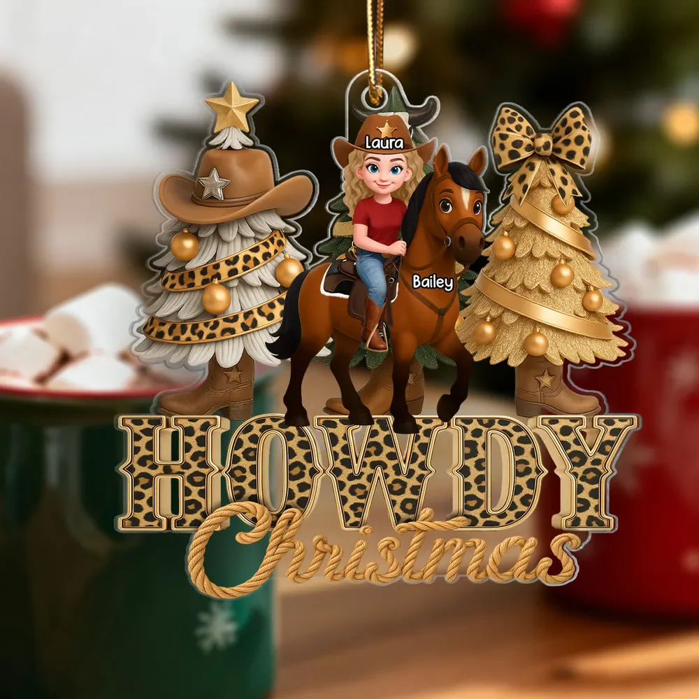 Western Vibe Howdy Christmas Girl & Horse - Personalized Acrylic Ornament - Image 3