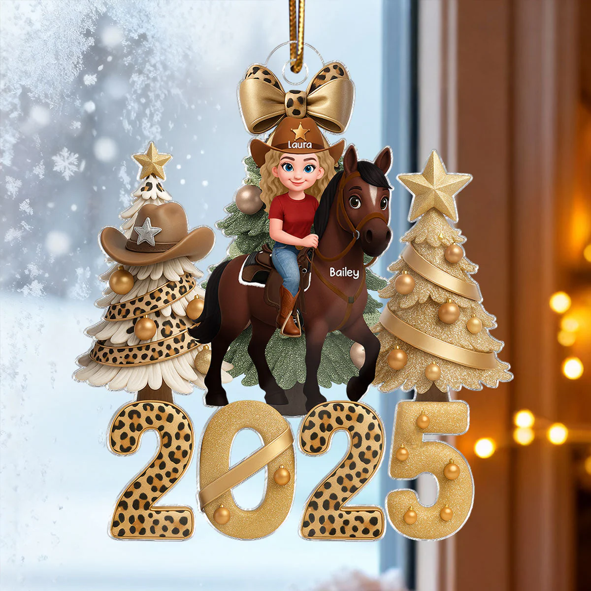 Western Vibe Howdy Christmas Girl & Horse - Personalized Acrylic Ornament - Image 4