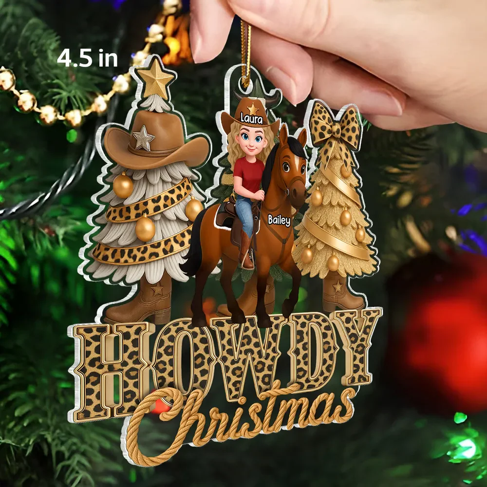 Western Vibe Howdy Christmas Girl & Horse - Personalized Acrylic Ornament - Image 5