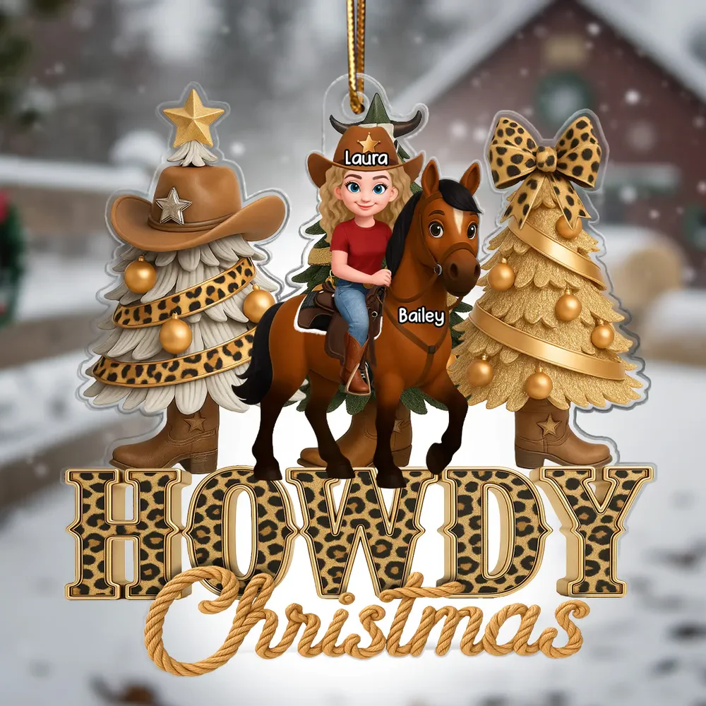 Western Vibe Howdy Christmas Girl & Horse - Personalized Acrylic Ornament - Image 6