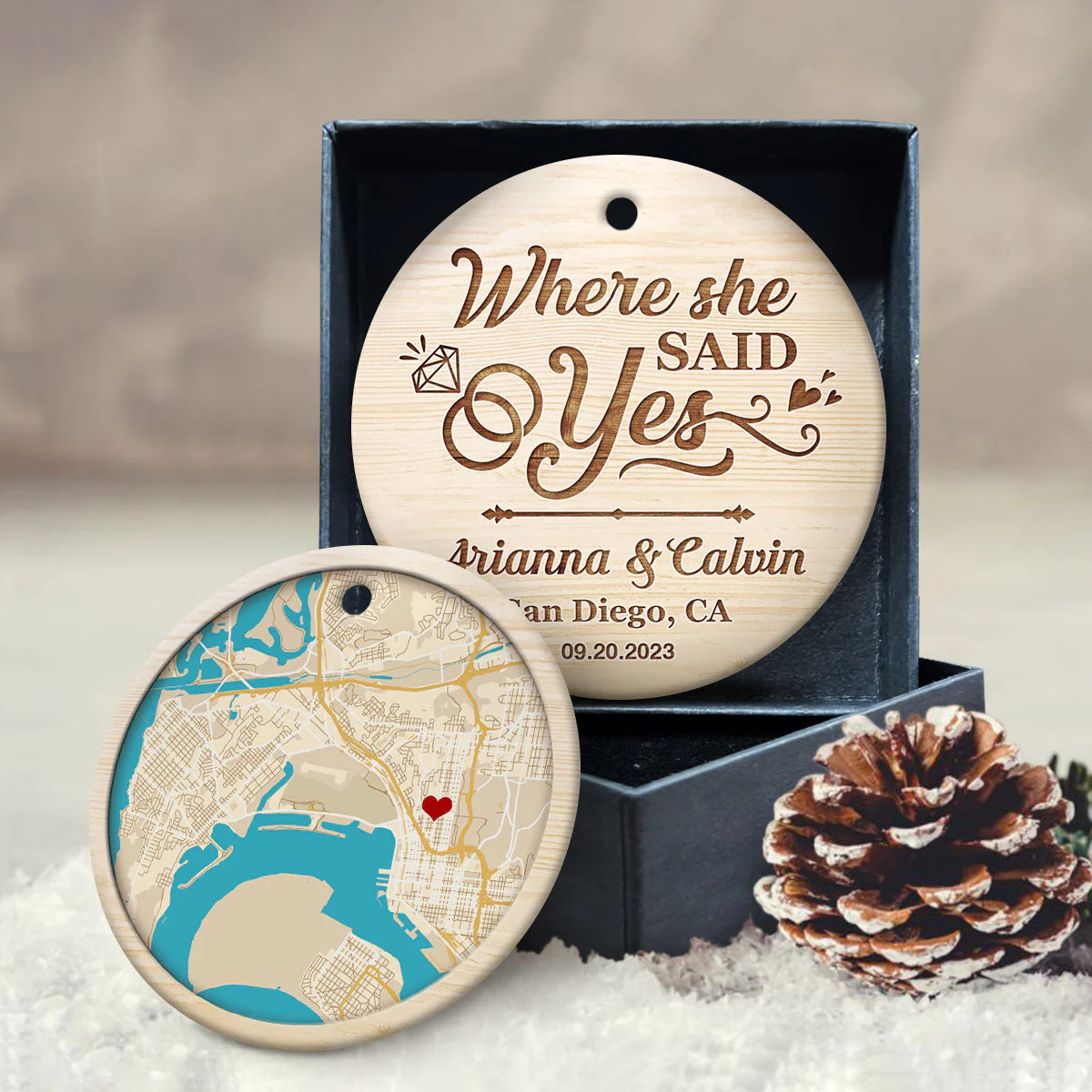 Where it all began - Personalized Location Map Ceramic Ornament Engaged Couple Gift - Image 2