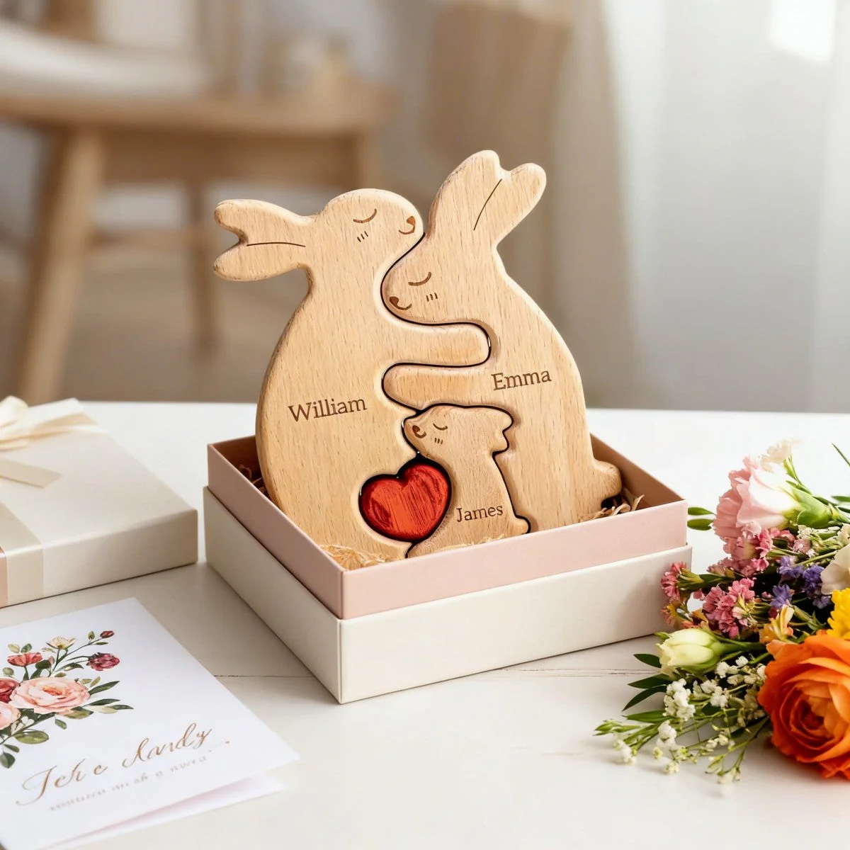 Wooden Rabbit Family Puzzle With Heart - Personalized Puzzle for Family - Image 5