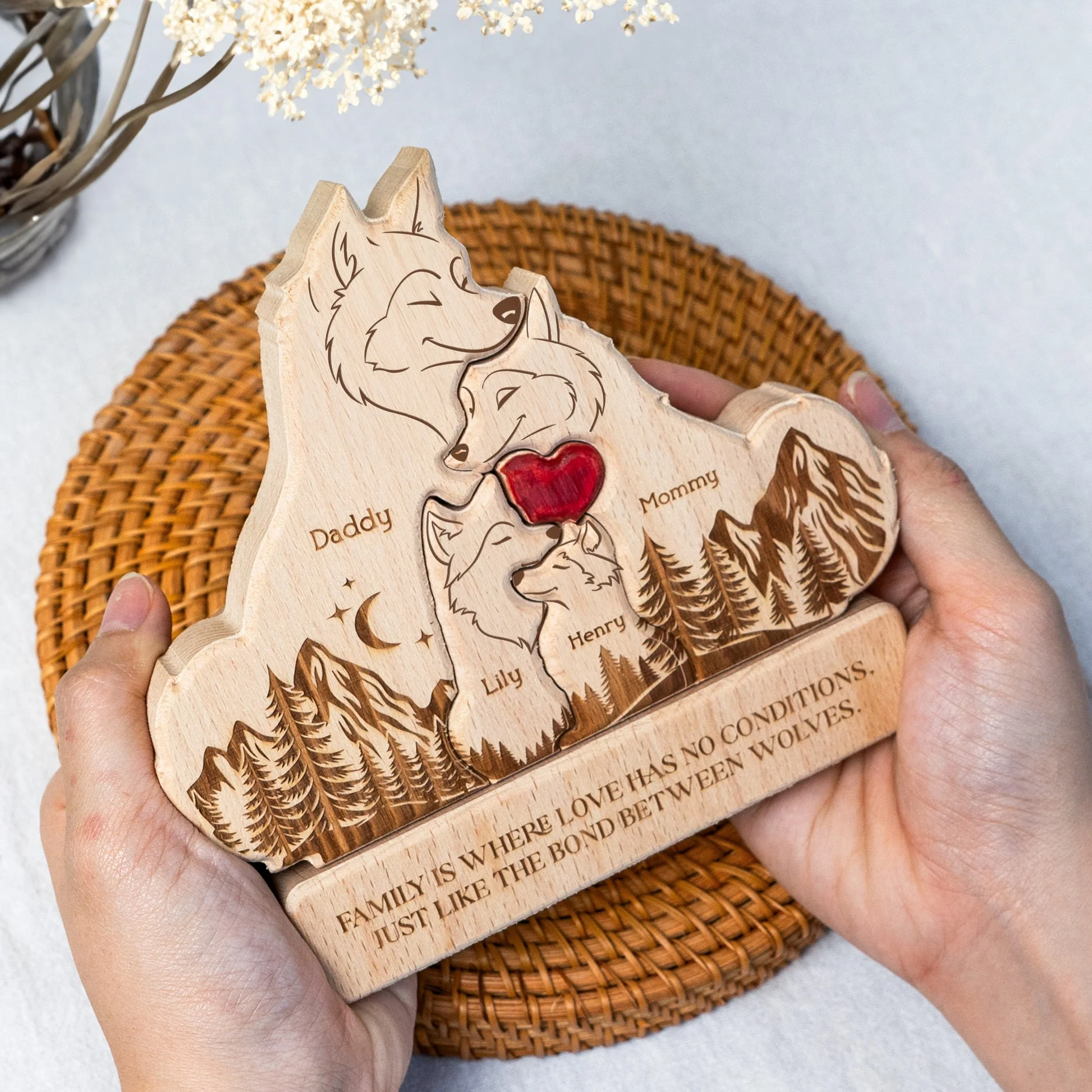 Wooden Wolf Family With Names - Personalized Wooden Puzzle Gift For Family Members - Image 2
