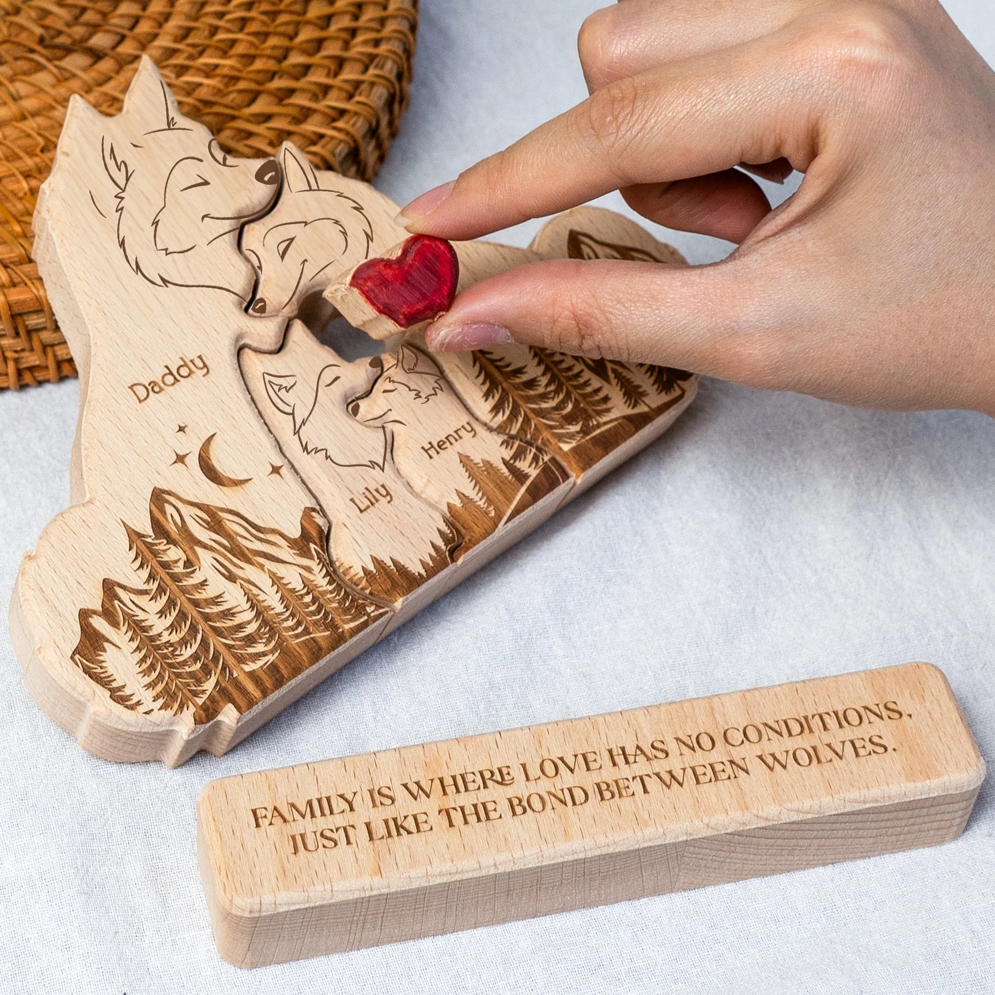 Wooden Wolf Family With Names - Personalized Wooden Puzzle Gift For Family Members - Image 3