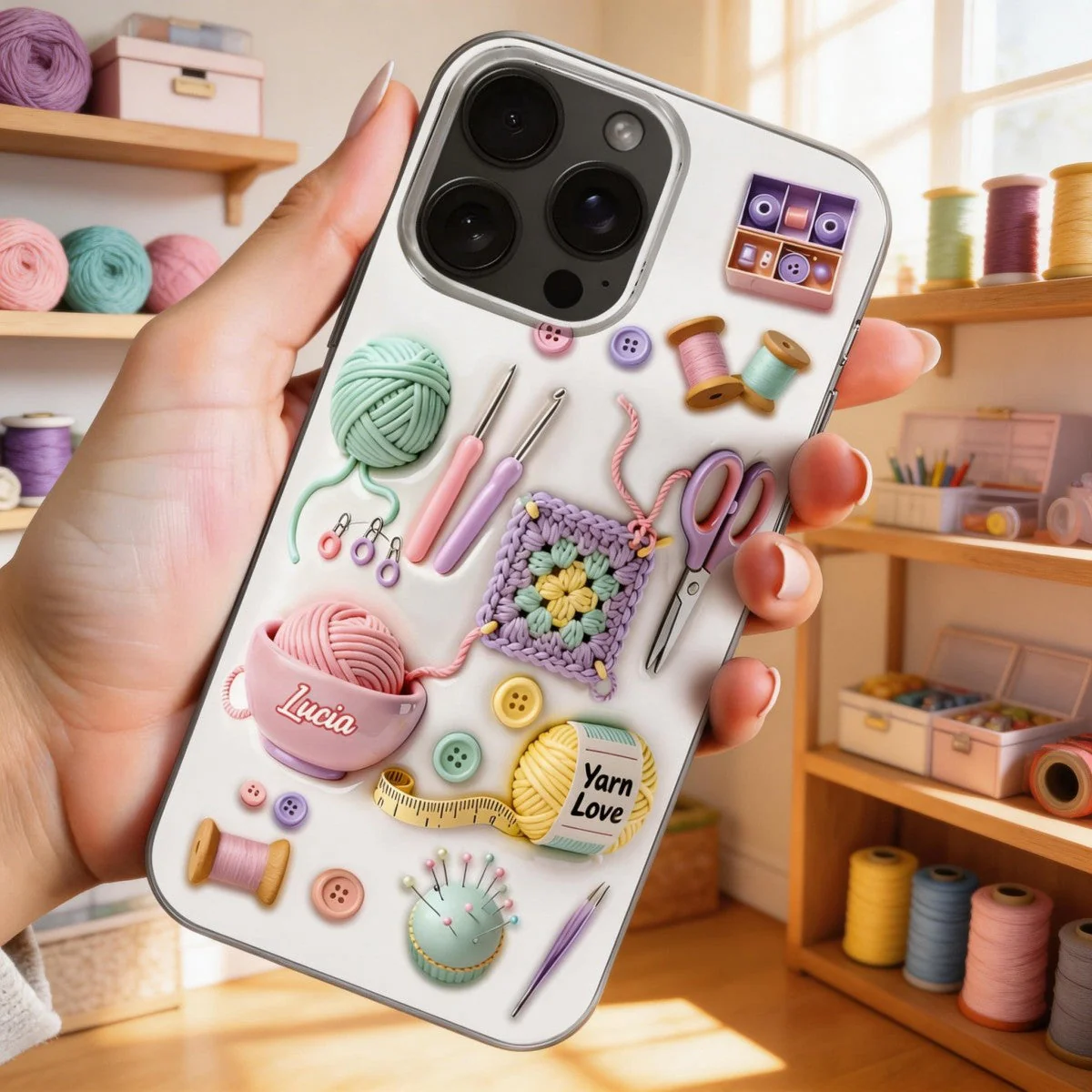 Yarn & Scissors, Personalized Clear Phone Case, Gift For Crafters And Sewers - Image 2