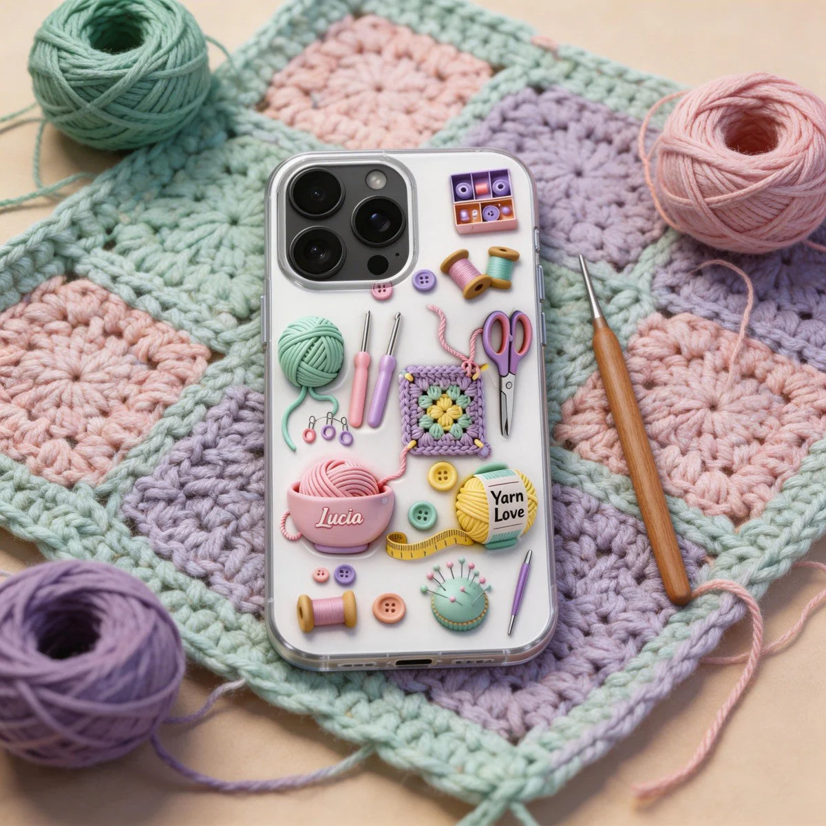 Yarn & Scissors, Personalized Clear Phone Case, Gift For Crafters And Sewers - Image 3