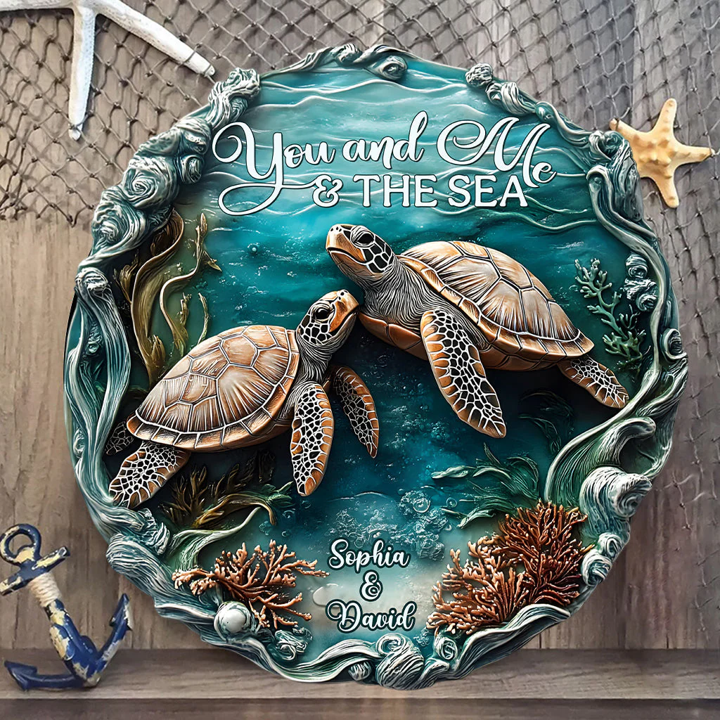 You And Me And The Sea - Personalized Turtle Custom Wood Sign - Image 2