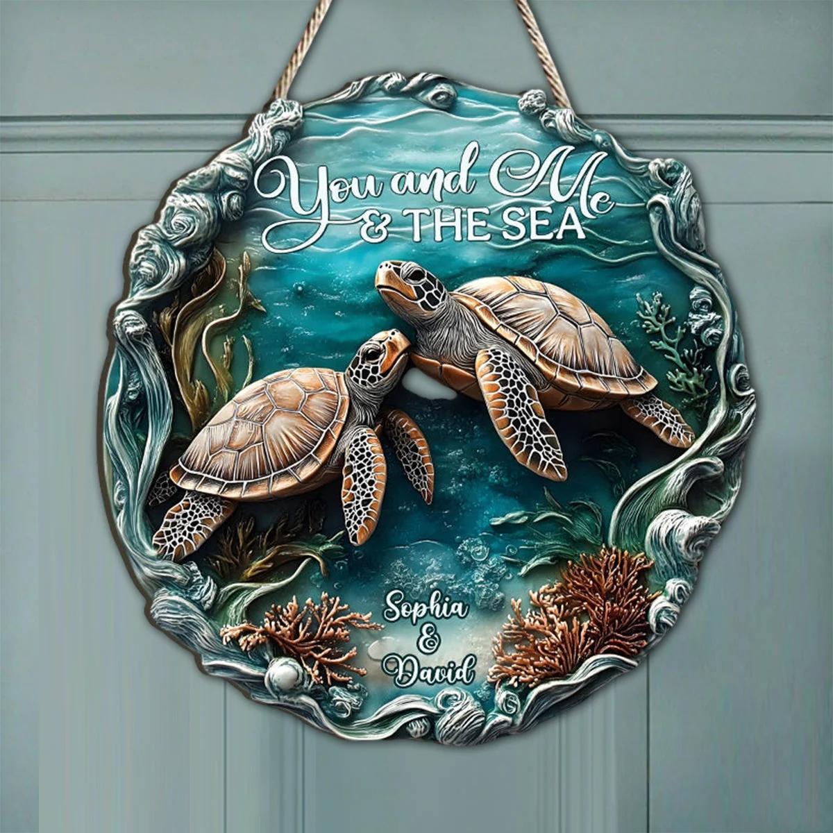 You And Me And The Sea - Personalized Turtle Custom Wood Sign - Image 3