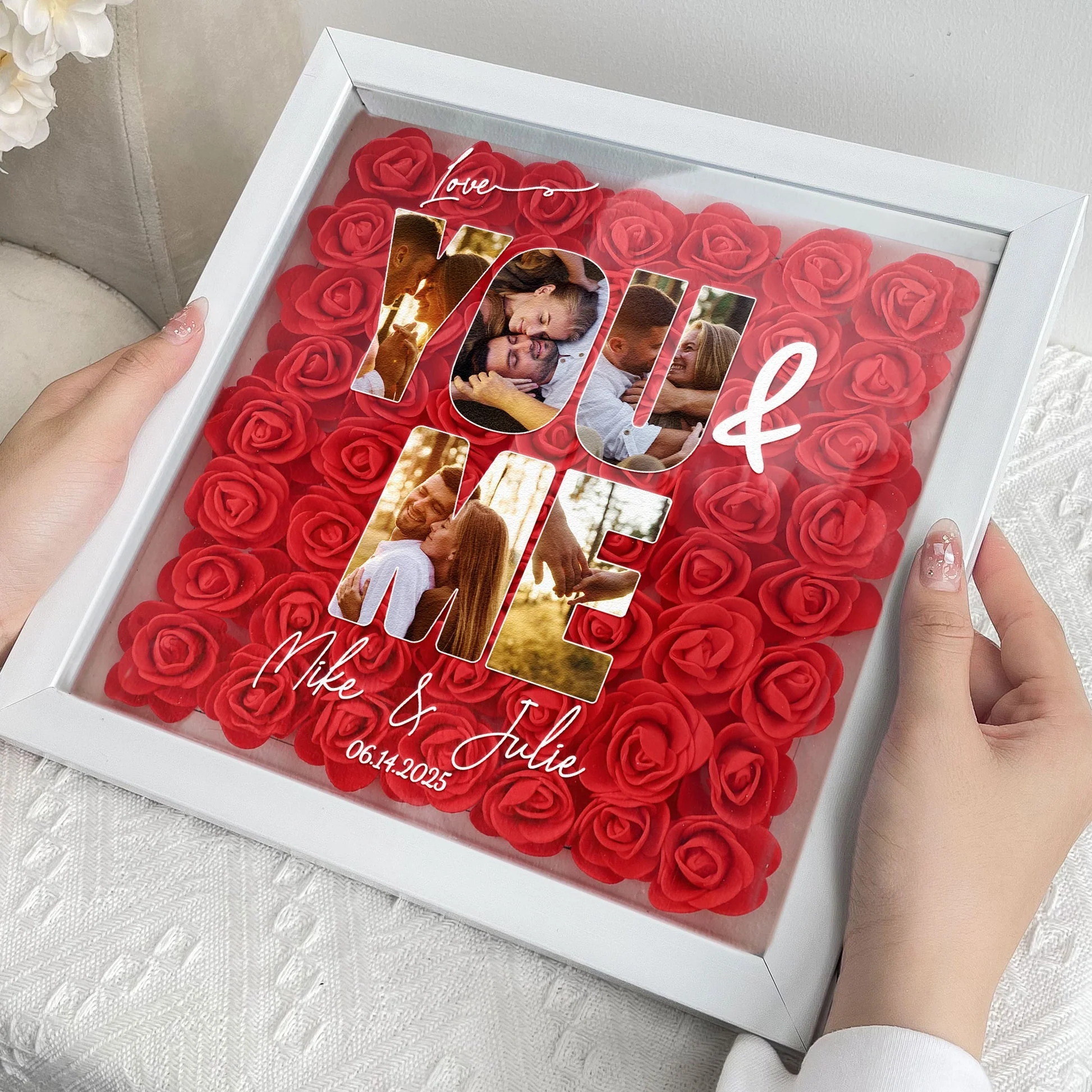 You & Me Custom Photo Collage - Personalized Photo Flower Shadow Box With LED Light - Image 3