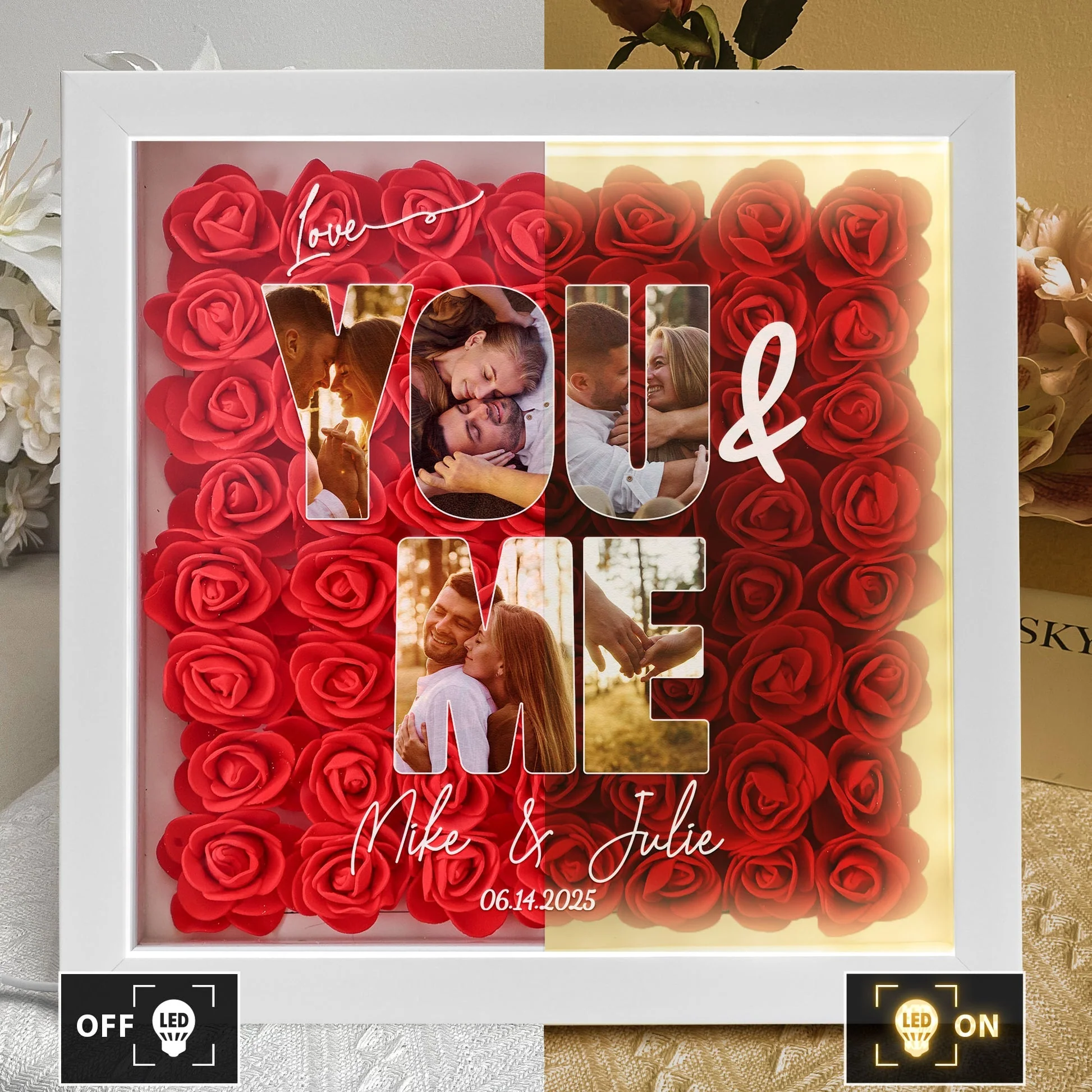 You & Me Custom Photo Collage - Personalized Photo Flower Shadow Box With LED Light - Image 4