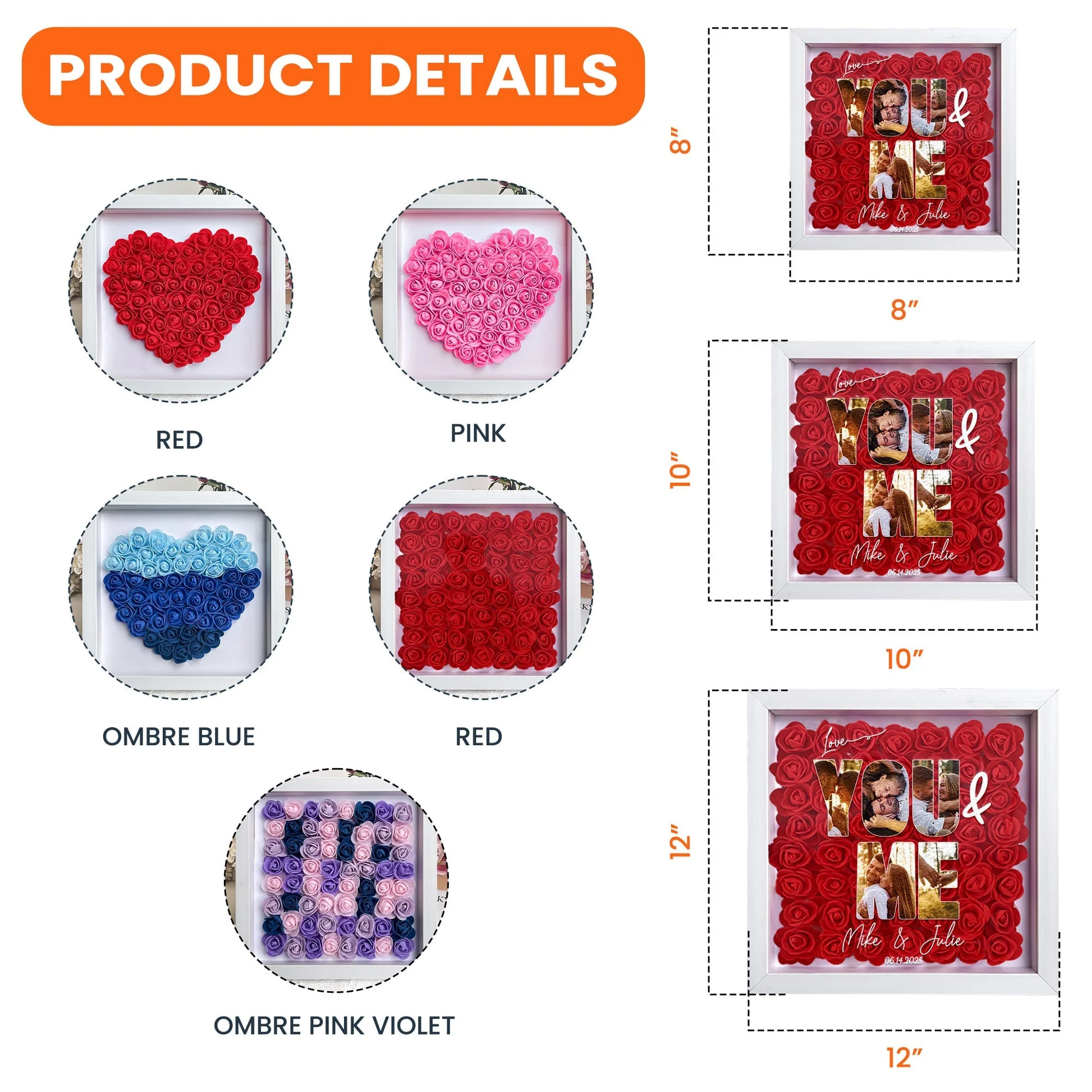 You & Me Custom Photo Collage - Personalized Photo Flower Shadow Box With LED Light - Image 5