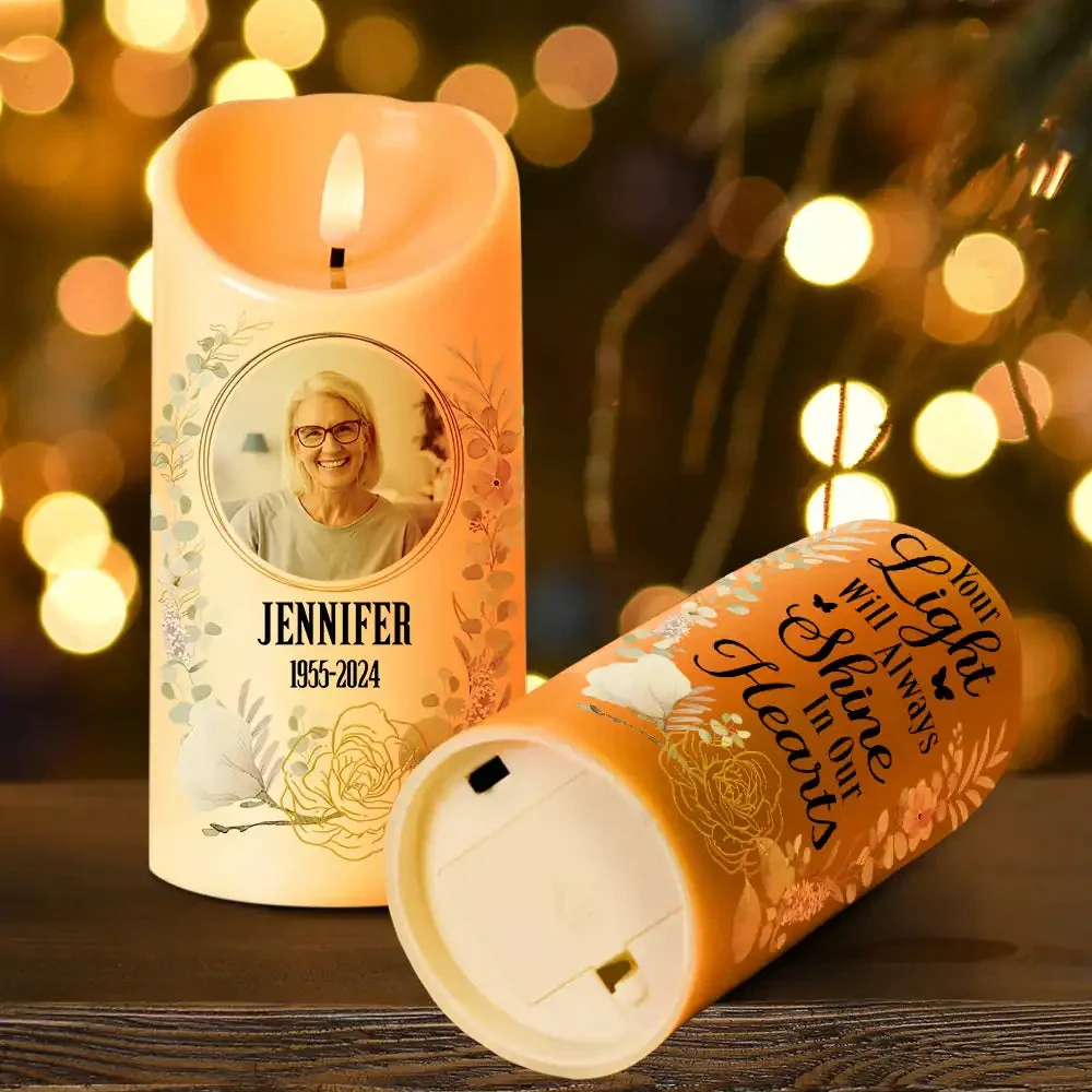 Your Light Will Always Shine In Our Hearts Memorial - Personalized Photo LED Candle - Image 2