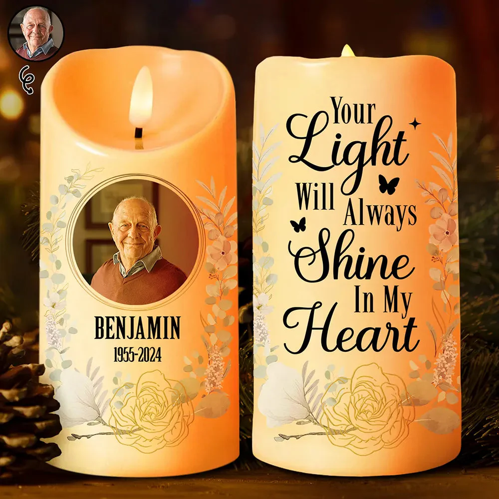 Your Light Will Always Shine In Our Hearts Memorial - Personalized Photo LED Candle - Image 5