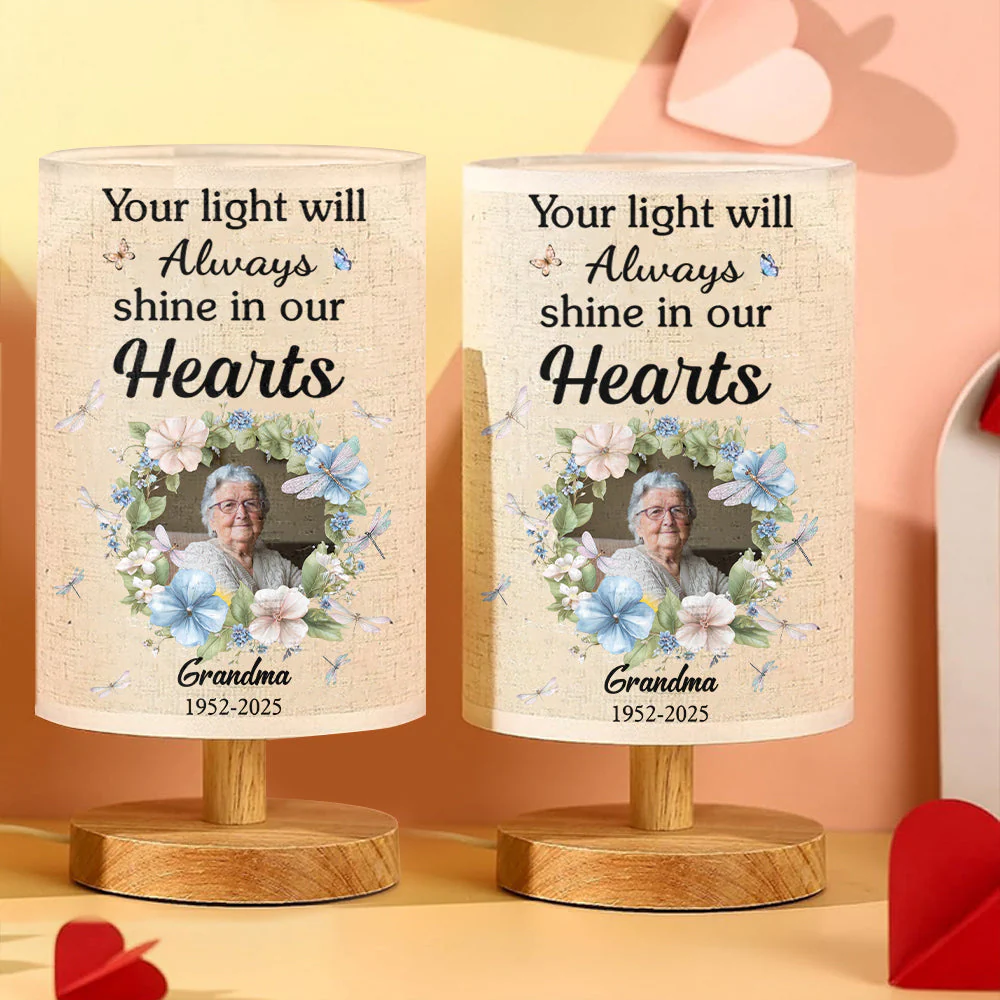 Your Light Will Always Shine In Our Hearts - Personalized Memorial Tableside Lamp With Wood Base - Image 2