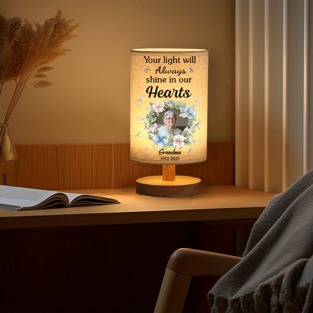 Your Light Will Always Shine In Our Hearts - Personalized Memorial Tableside Lamp With Wood Base - Image 3