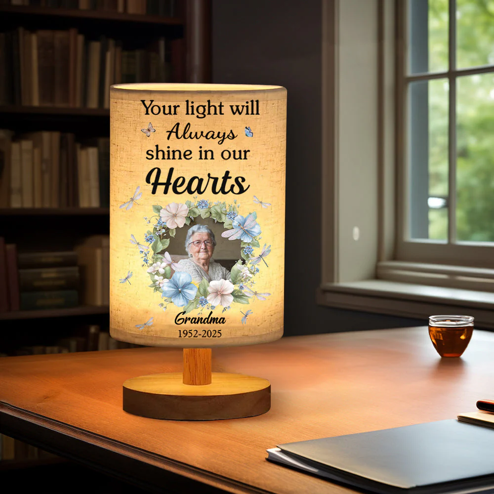 Your Light Will Always Shine In Our Hearts - Personalized Memorial Tableside Lamp With Wood Base - Image 4