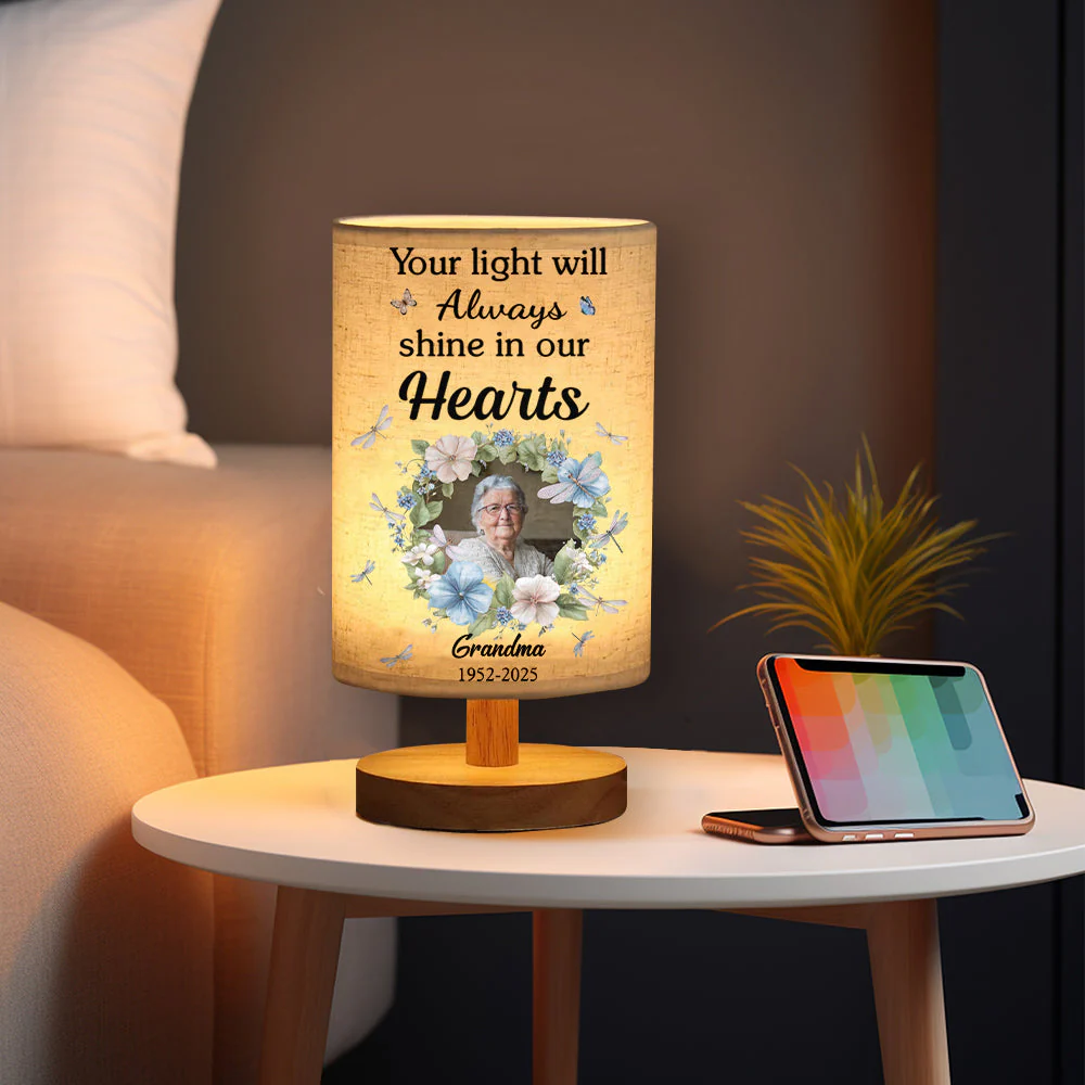 Your Light Will Always Shine In Our Hearts - Personalized Memorial Tableside Lamp With Wood Base - Image 5