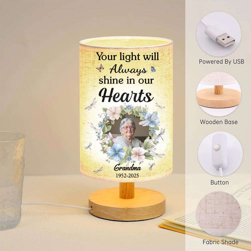Your Light Will Always Shine In Our Hearts - Personalized Memorial Tableside Lamp With Wood Base - Image 6