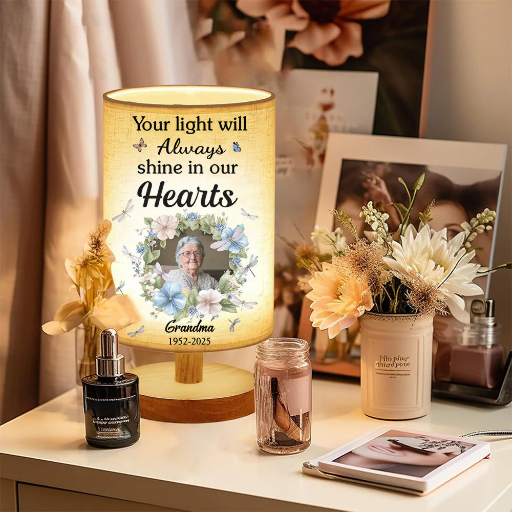 Your Light Will Always Shine In Our Hearts - Personalized Memorial Tableside Lamp With Wood Base - Image 7