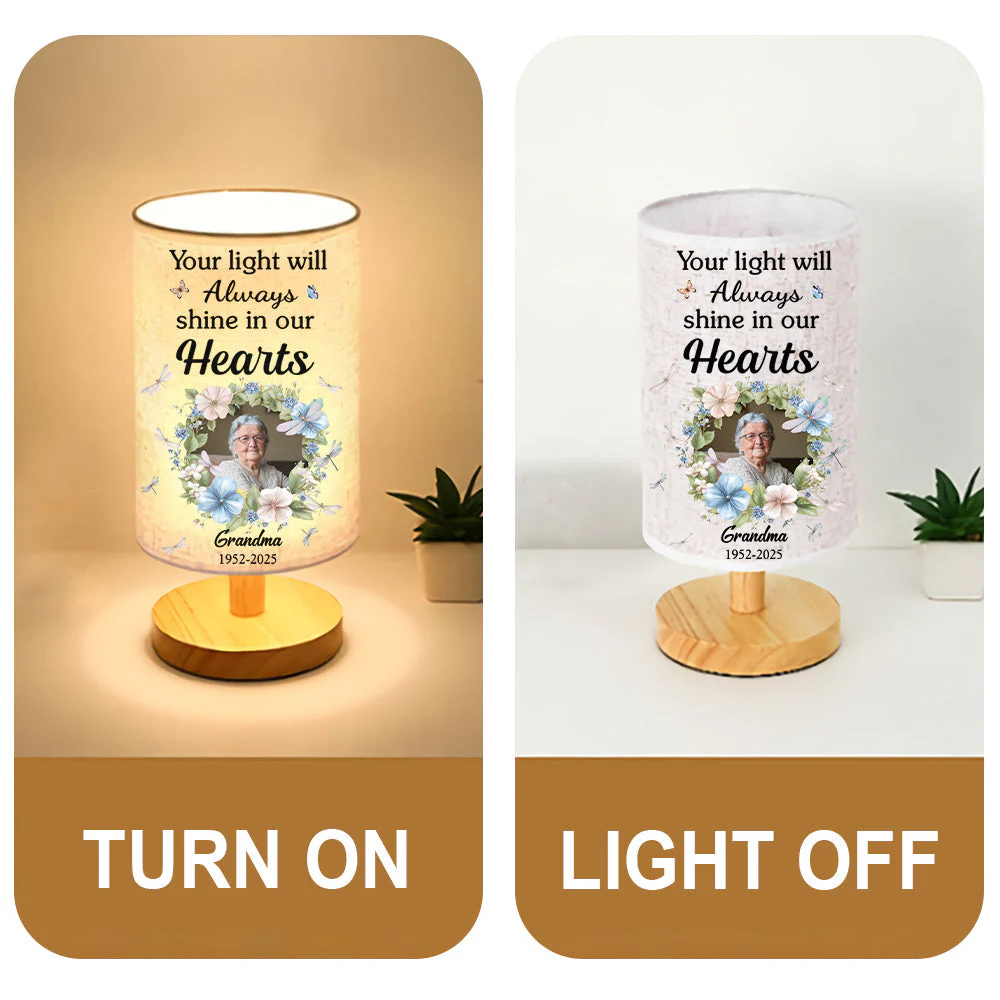 Your Light Will Always Shine In Our Hearts - Personalized Memorial Tableside Lamp With Wood Base - Image 8