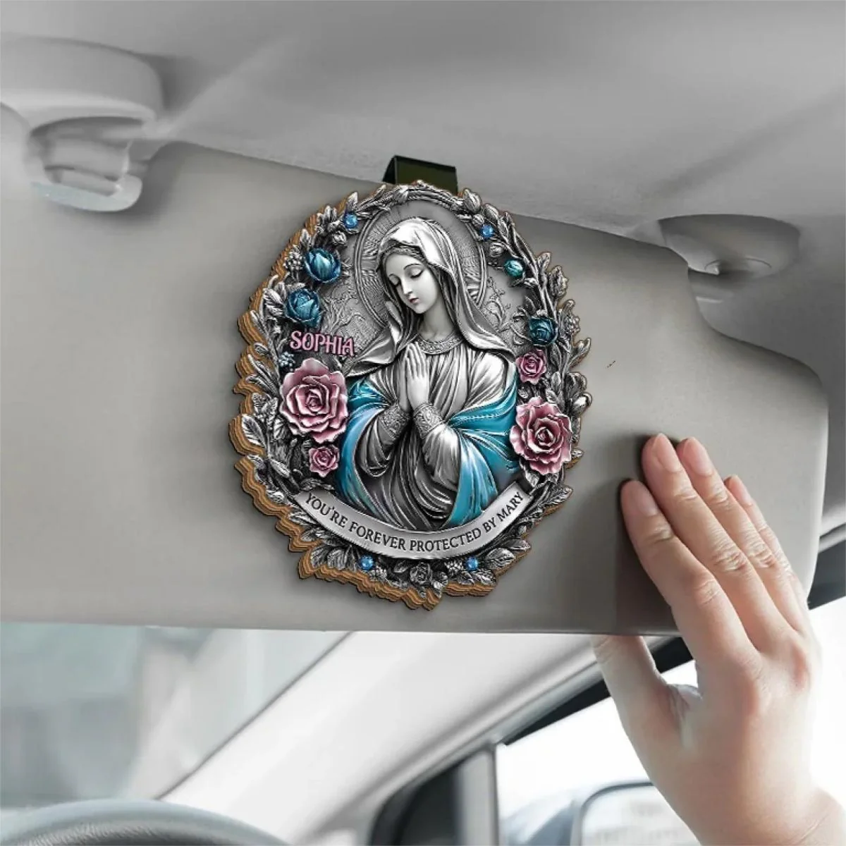You're Forever Protected By Mary - Memorial Personalized Custom Car Visor Clip - Image 2