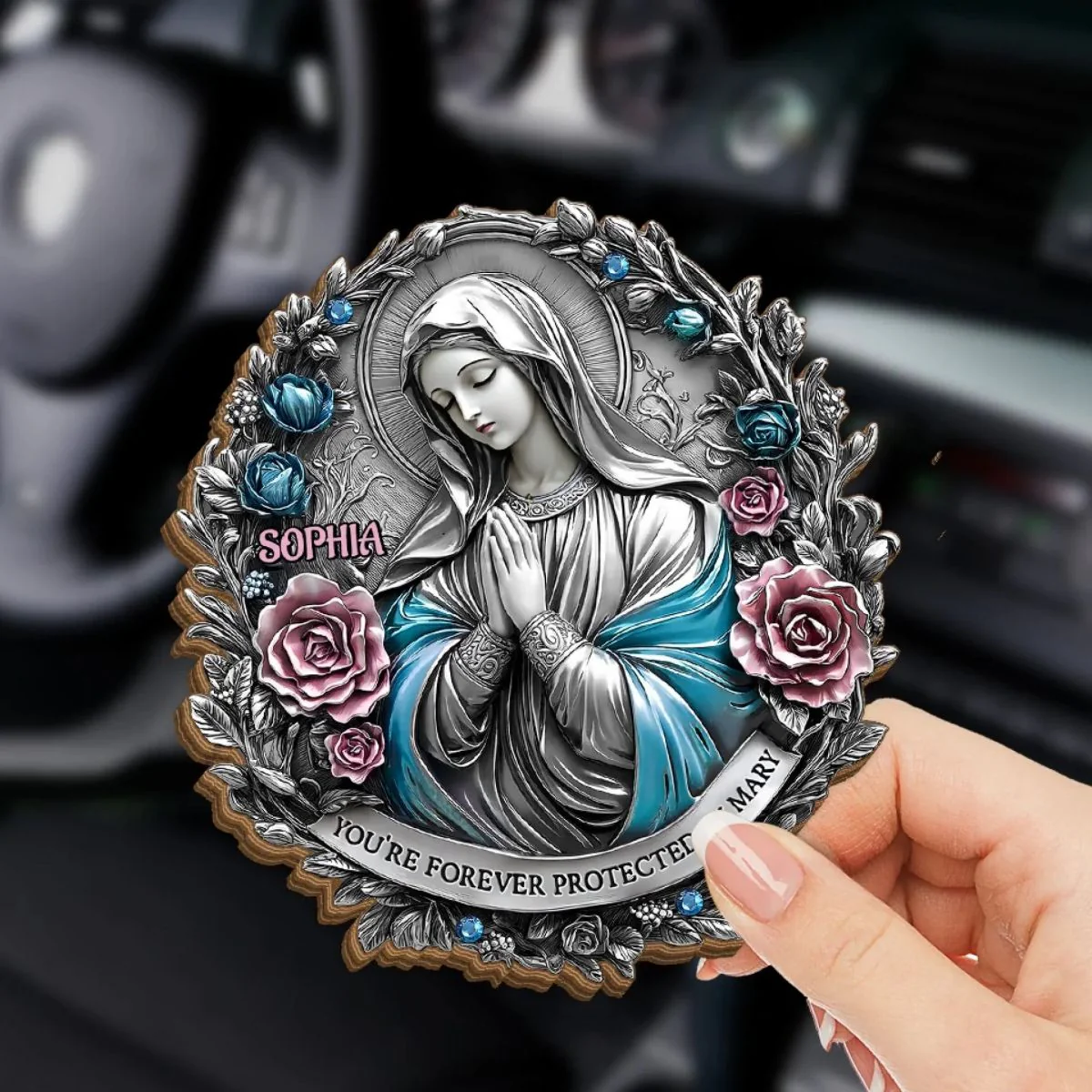 You're Forever Protected By Mary - Memorial Personalized Custom Car Visor Clip - Image 3